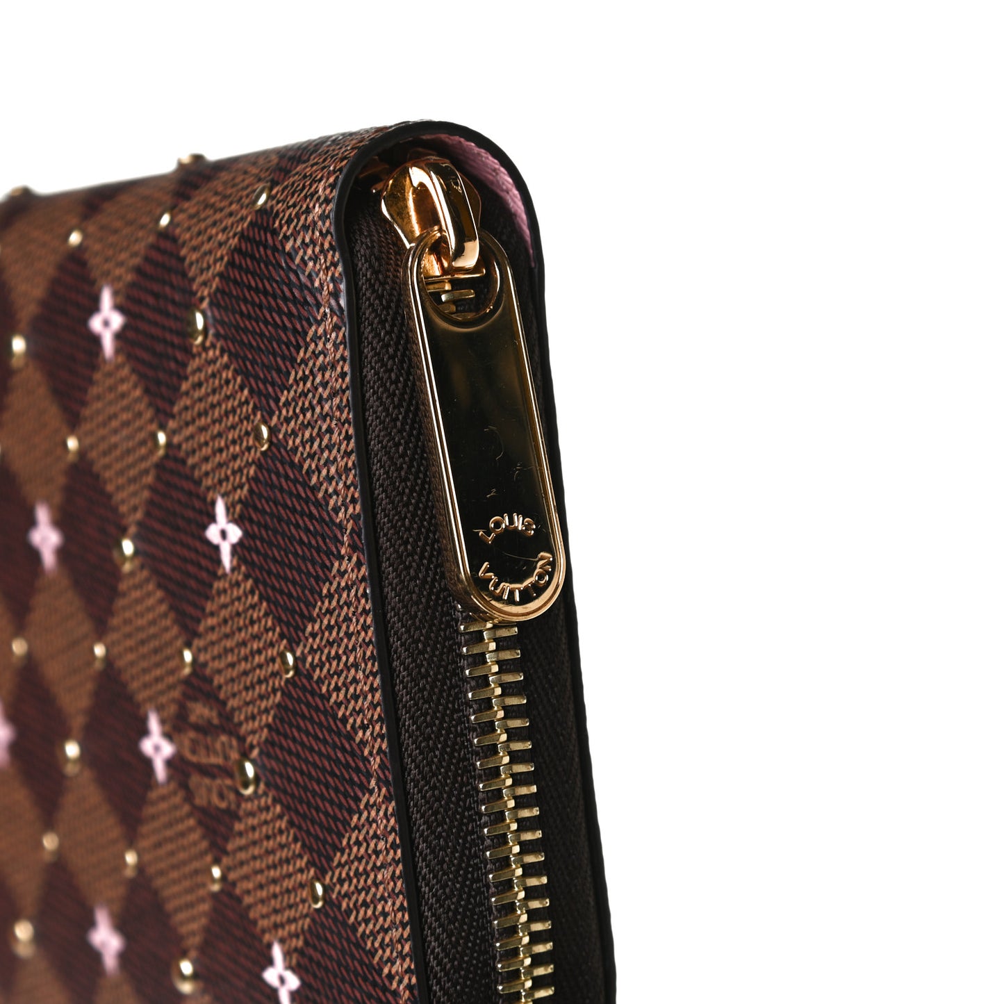 Damier Ebene Studded Zippy Wallet Rose Ballerine