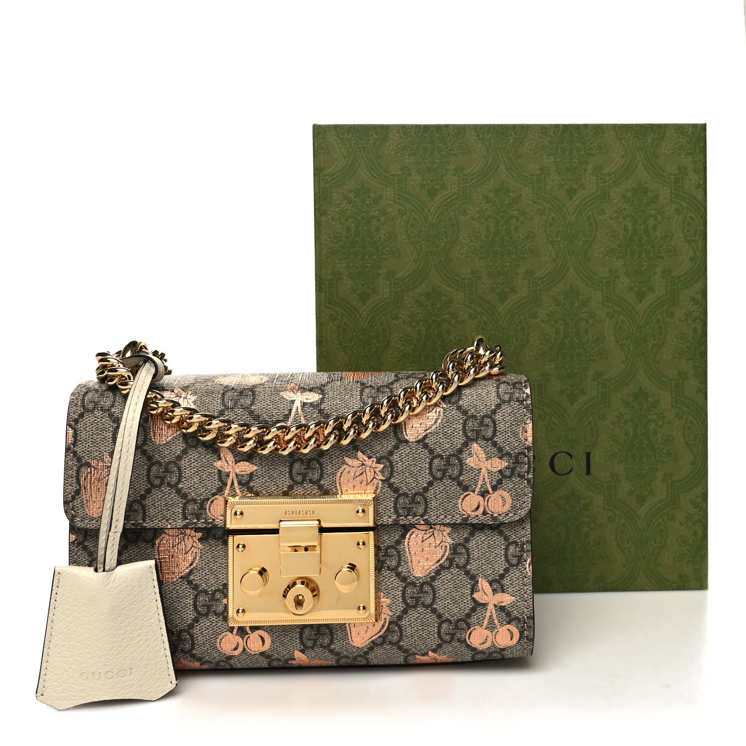 Gucci GG Supreme Monogram Berry Textured Dollar Calfskin Small Padlock Shoulder Bag Beige Ebony Light Copper Mystic White 11 of 11