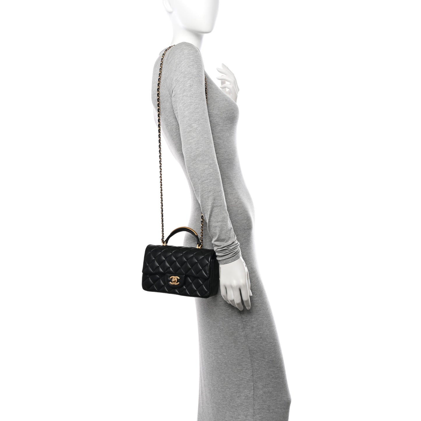 Lambskin Quilted Metal Mini Top Handle Rectangular Flap Black