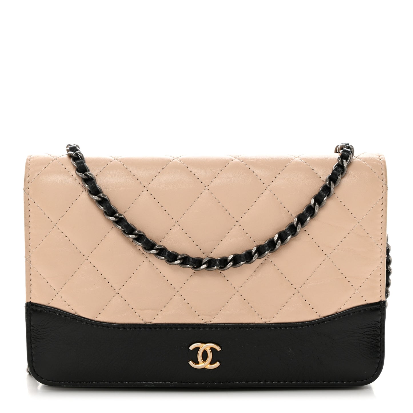 Aged Calfskin Quilted Gabrielle Wallet On Chain WOC Beige Black