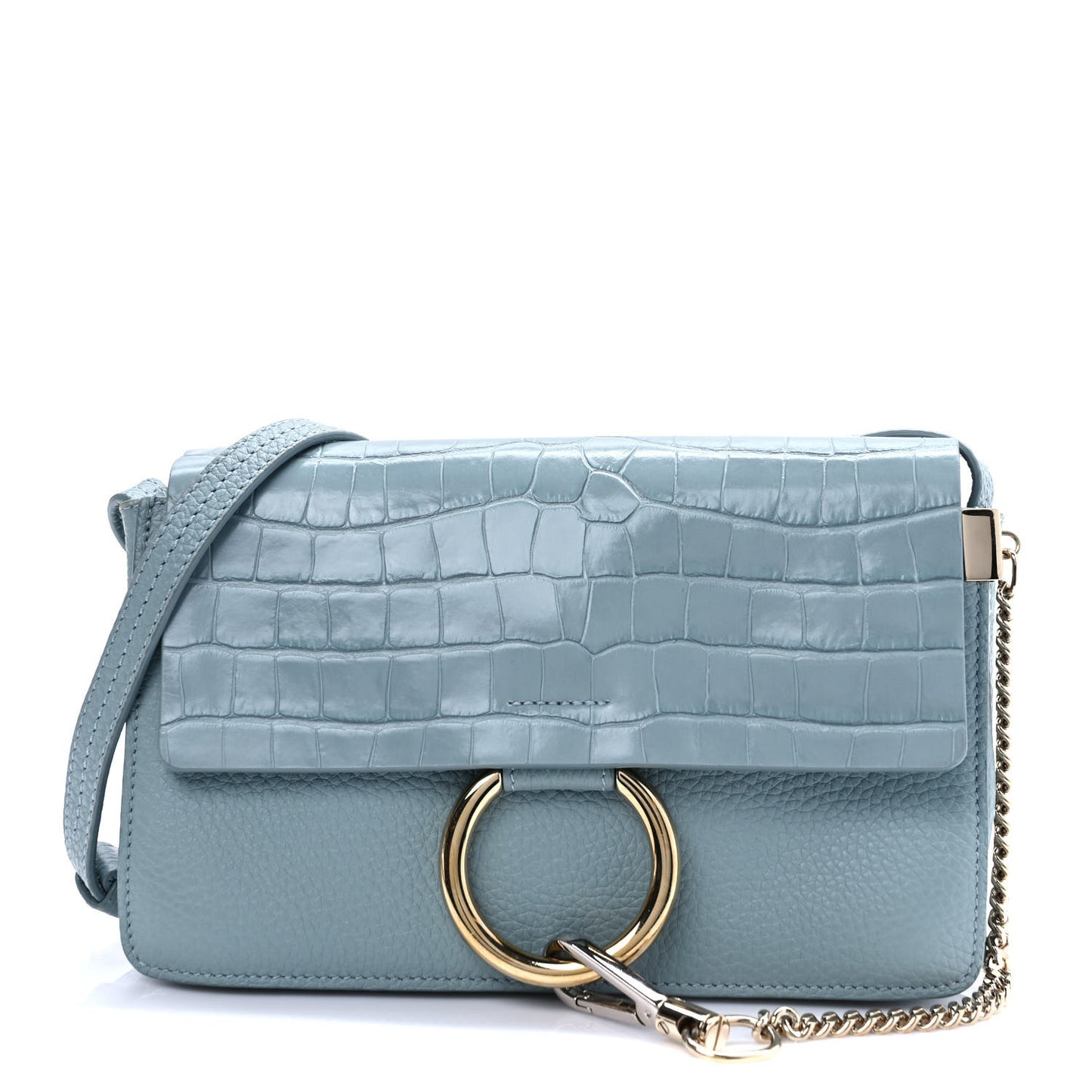 Calfskin Crocodile Embossed Small Faye Shoulder Bag Faded Blue