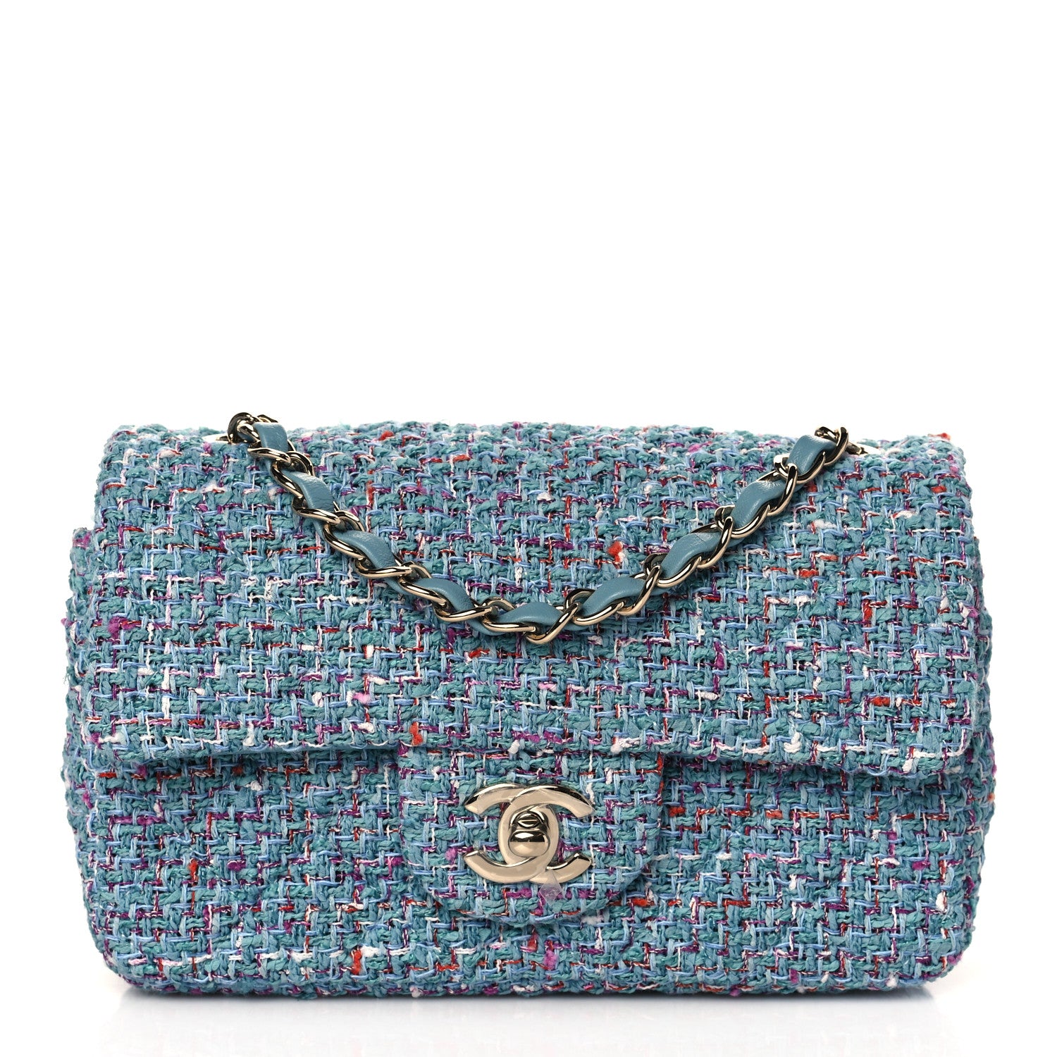 Chanel Tweed Quilted Mini Rectangular Flap Turquoise Purple White Red 1 of 11