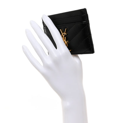 Saint Laurent Grain De Poudre Matelasse Chevron Monogram Credit Card Case Black 2 of 9