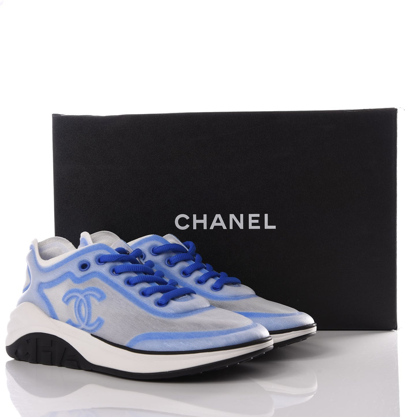 Calfskin Mesh Lycra Womens Logo Sneakers 36.5 White Blue