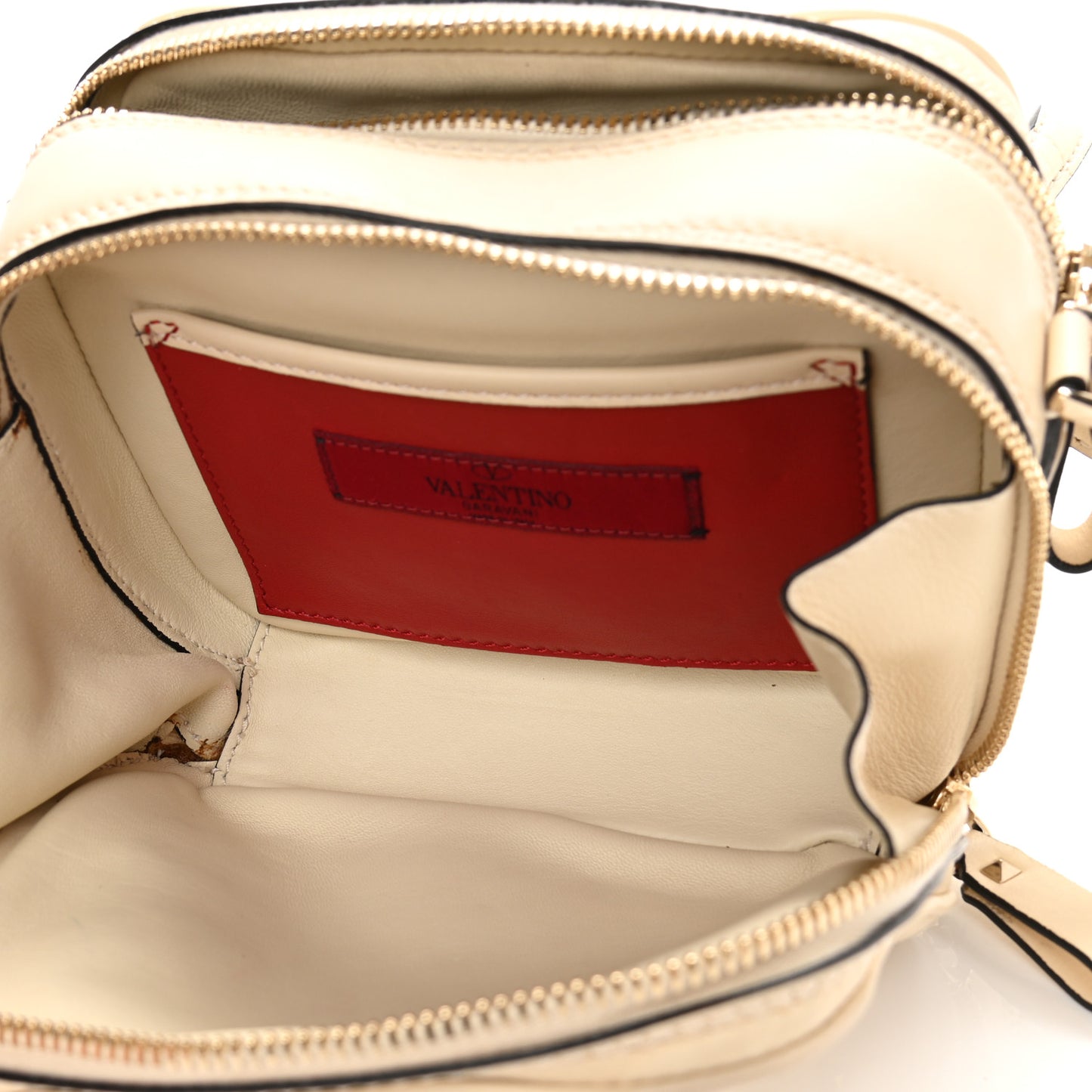 Nappa Rockstud Spike Double Zip Camera Crossbody Bag Light Ivory