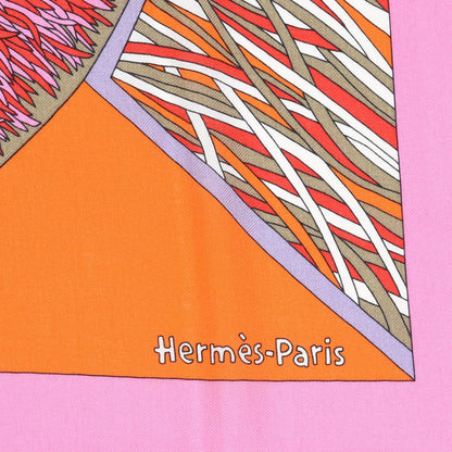 Hermes Cashmere Silk Travers Champs Shawl GM 140 Rose Vif Jaune Multi 6 of 7