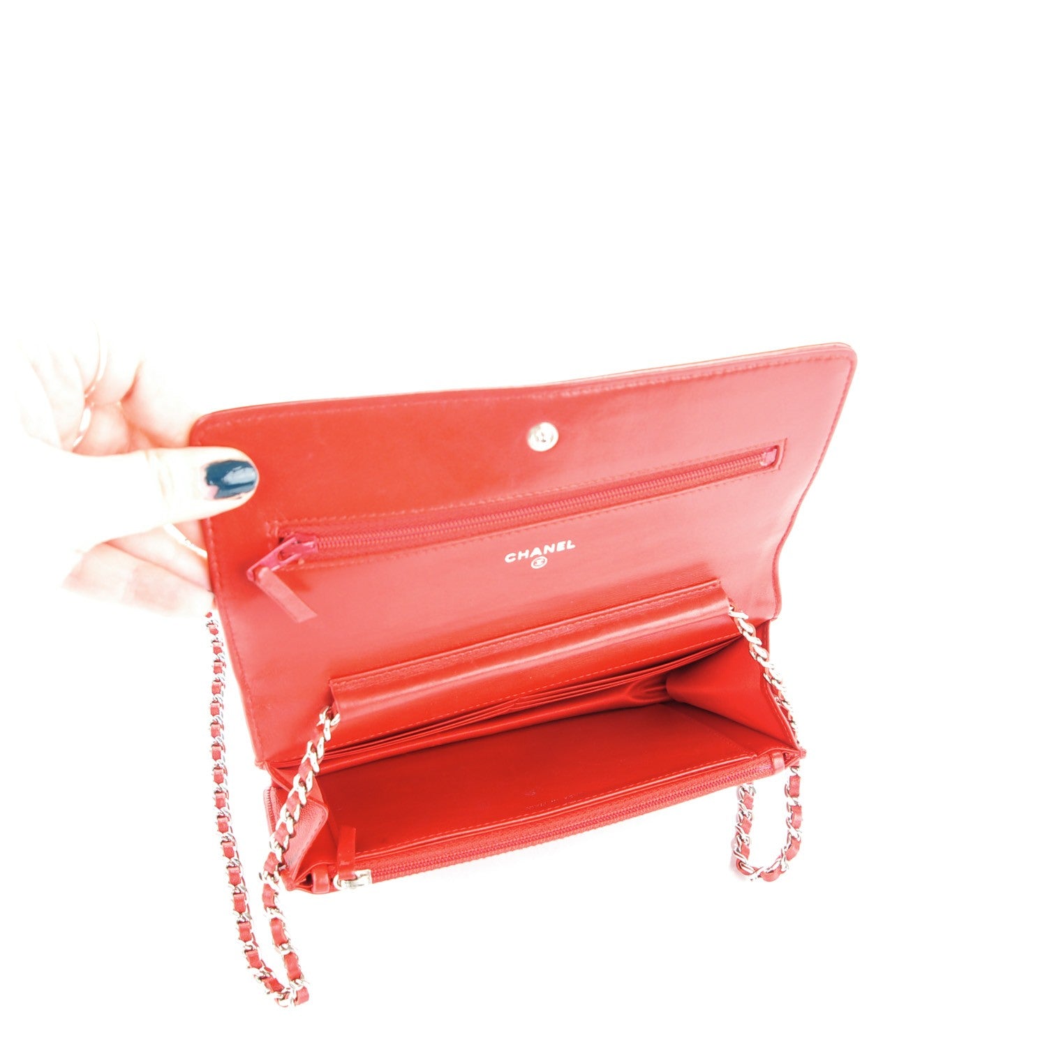 Chanel Patent Camellia Embossed Wallet On Chain WOC Dark Red 5 of 8