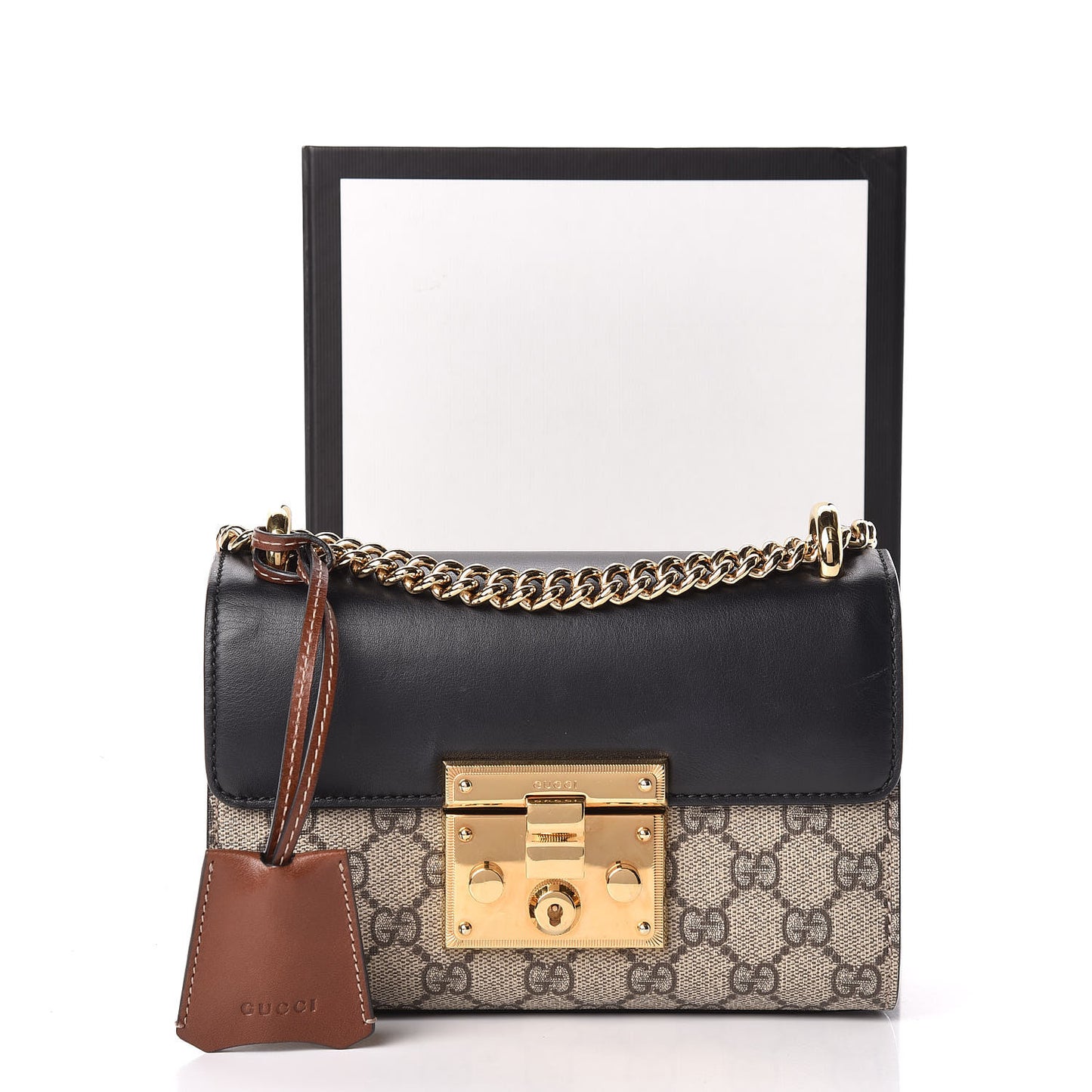 GG Supreme Monogram Calfskin Small Padlock Shoulder Bag Beige Black Cuir