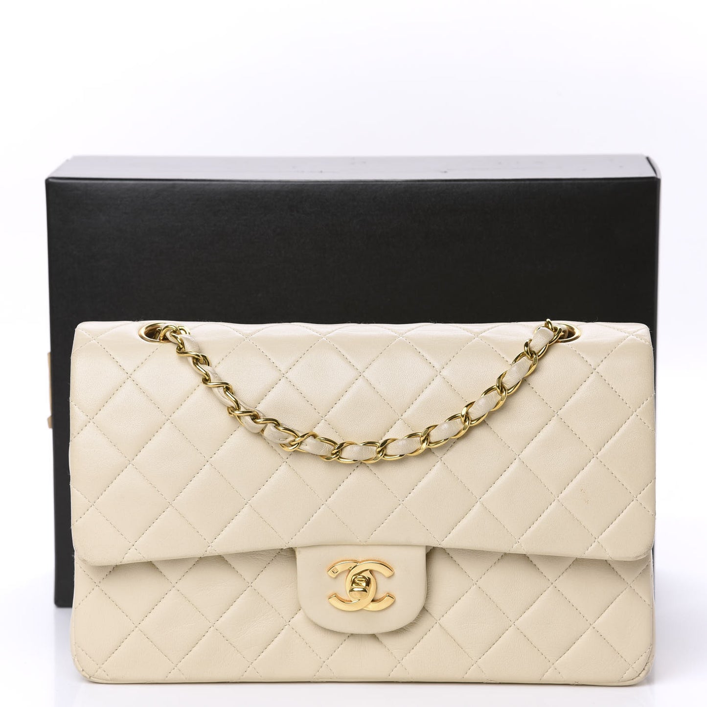 Lambskin Quilted Medium Double Flap Beige