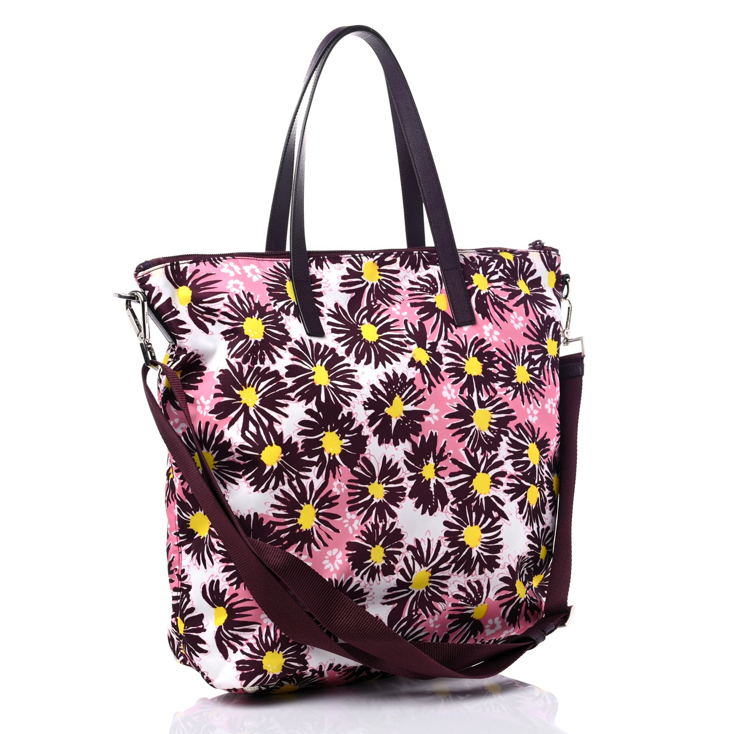 Tessuto Nylon Saffiano Floral Print Tote Bordeaux
