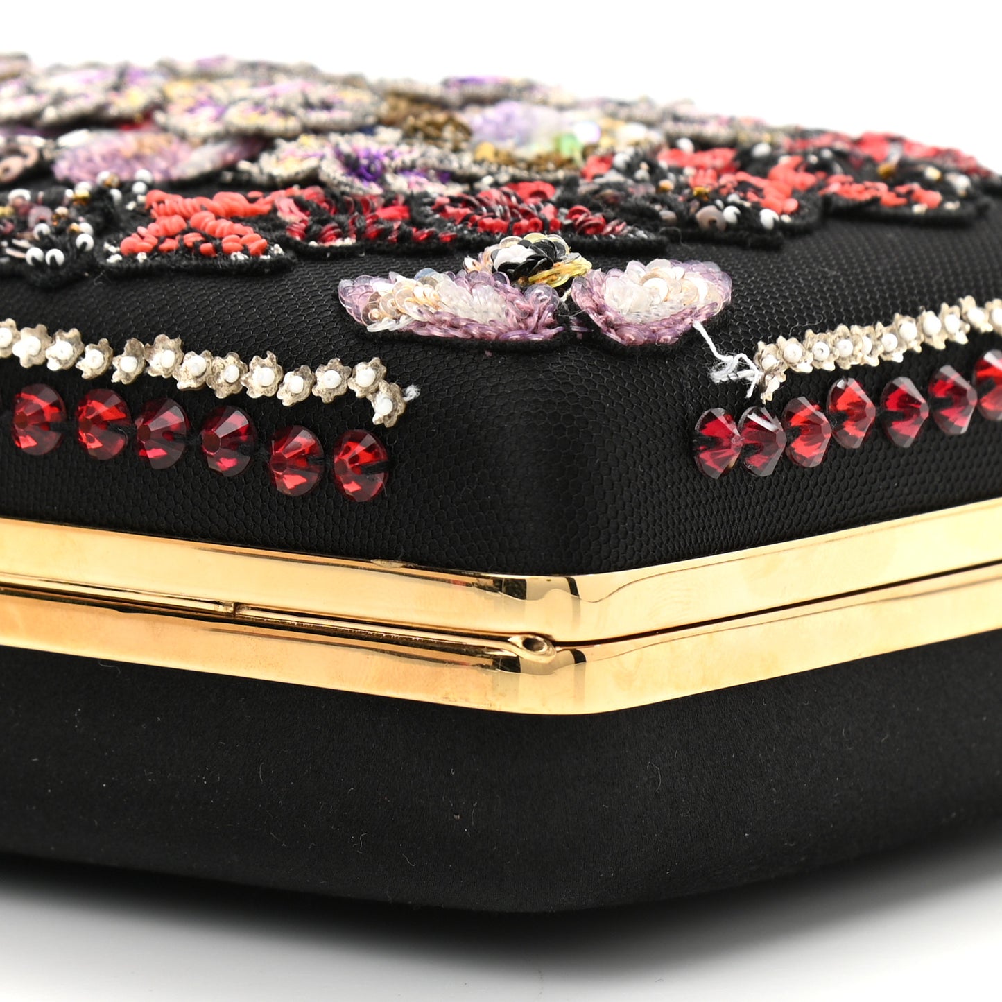 Satin Crystal Embellished Top Handle Box Clutch Black
