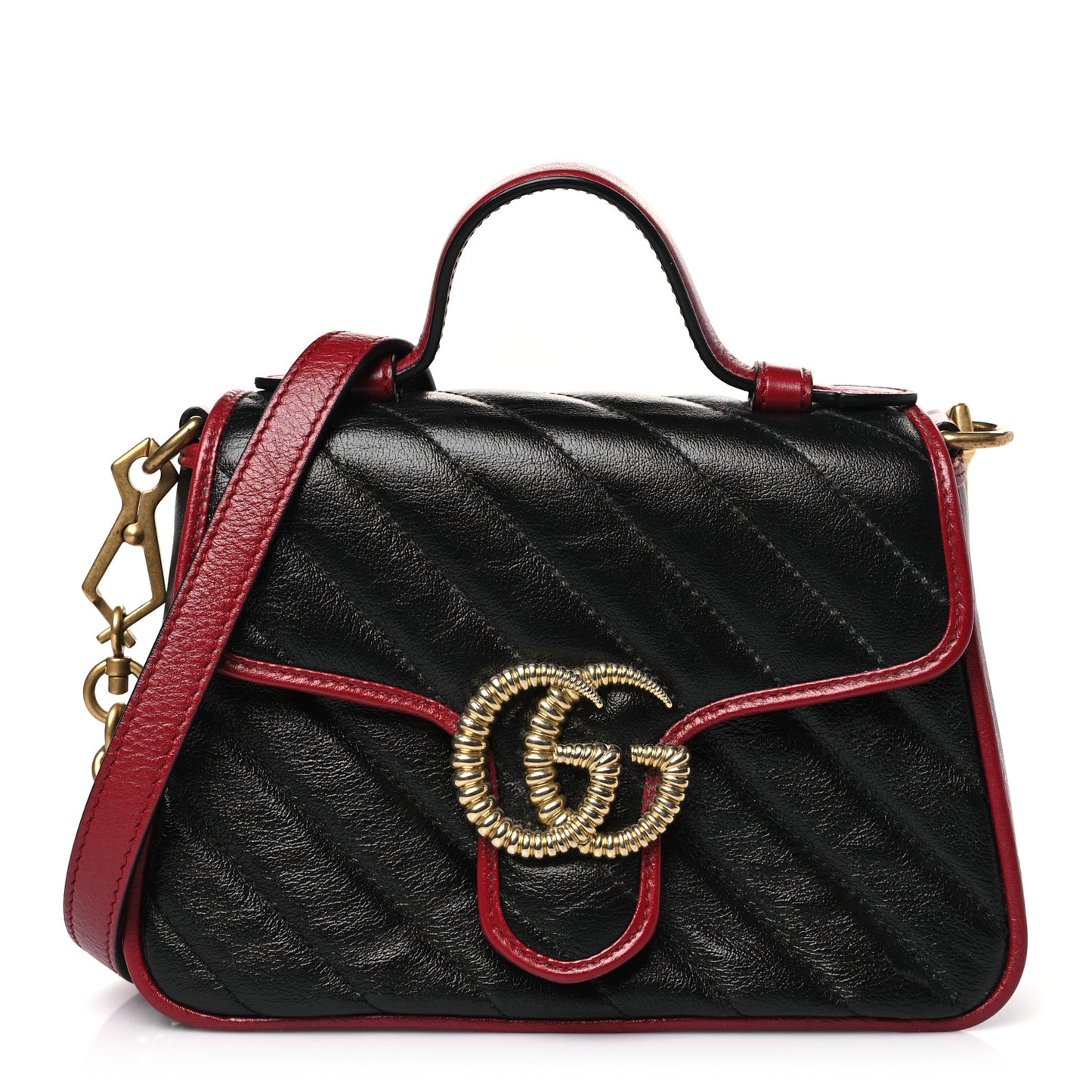 Vintage Effect Calfskin Matelasse Diagonal Mini Torchon GG Marmont Top Handle Shoulder Bag Black Romantic Cherry