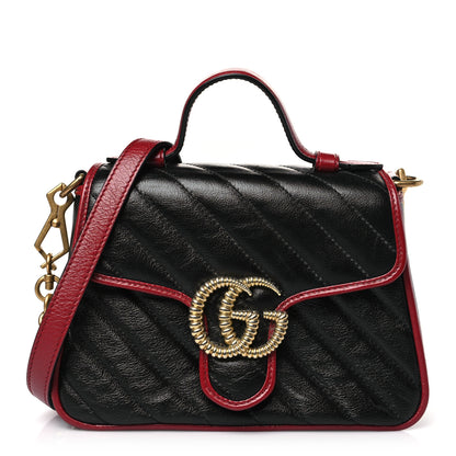 Gucci Vintage Effect Calfskin Matelasse Diagonal Mini Torchon GG Marmont Top Handle Shoulder Bag Black Romantic Cherry 1 of 9