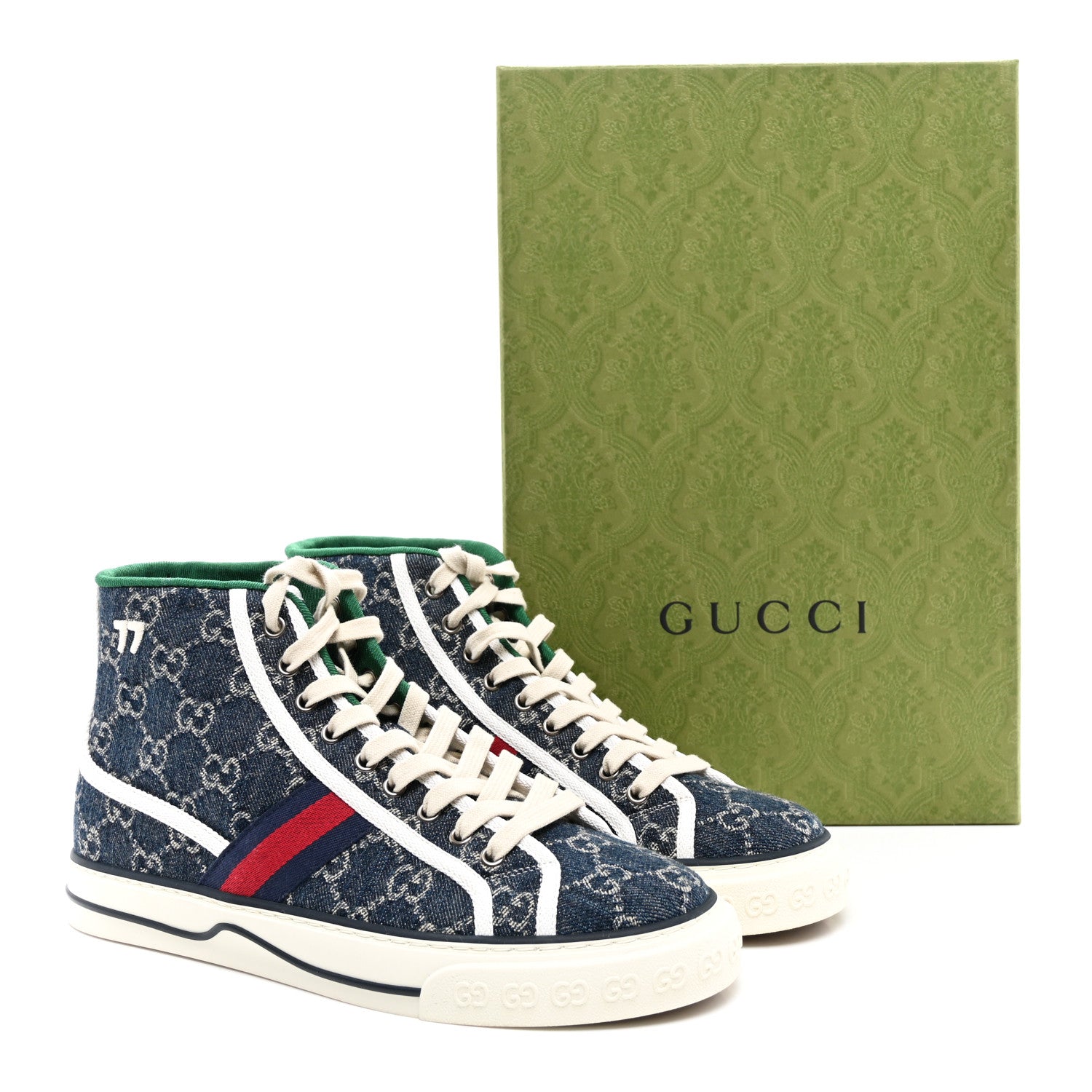 Gucci New Denim GG Monogram Web Womens 1977 Tennis High Top Sneakers 7.5 Blue Tea Mystic White 8 of 8