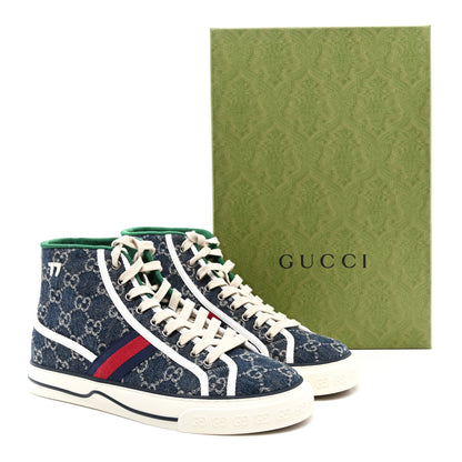Gucci New Denim GG Monogram Web Womens 1977 Tennis High Top Sneakers 7.5 Blue Tea Mystic White 8 of 8