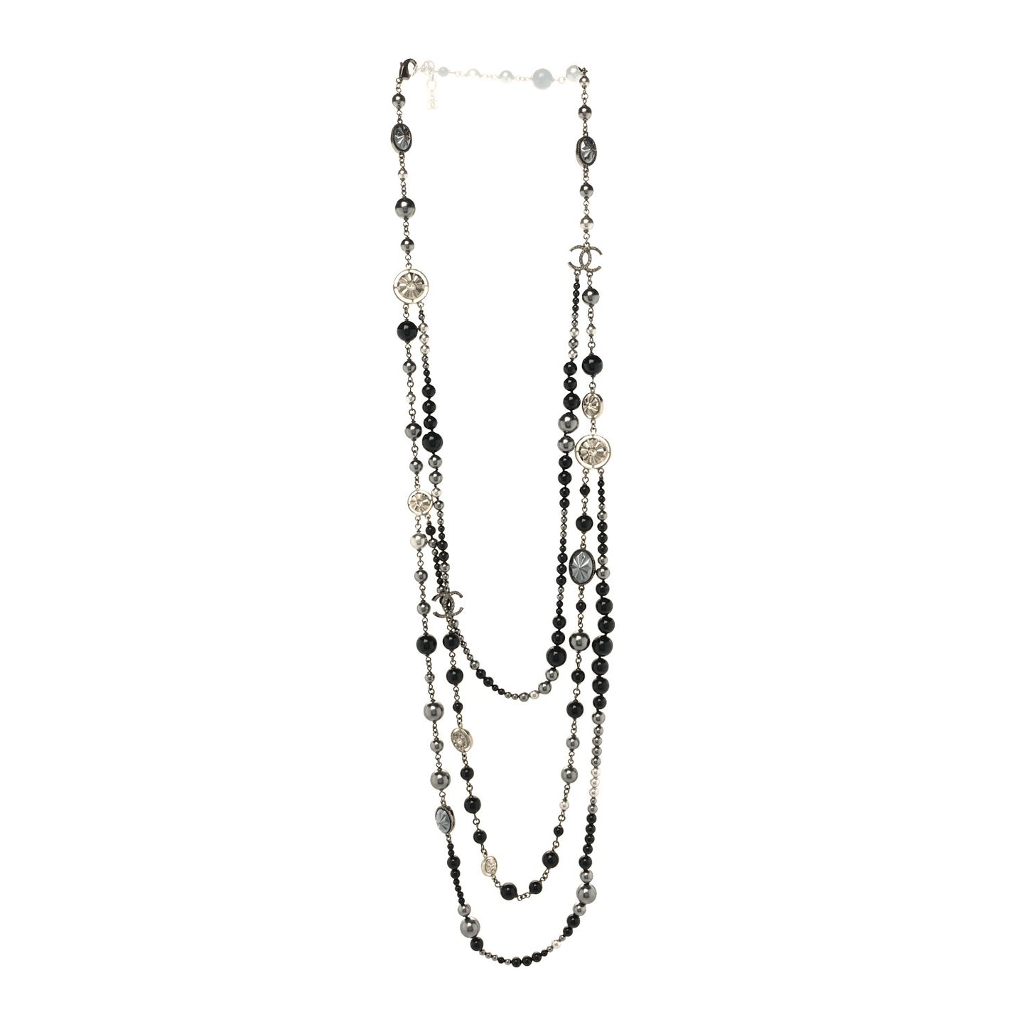 Pearl Crystal Beaded CC Multi Strand Long Necklace Black Silver