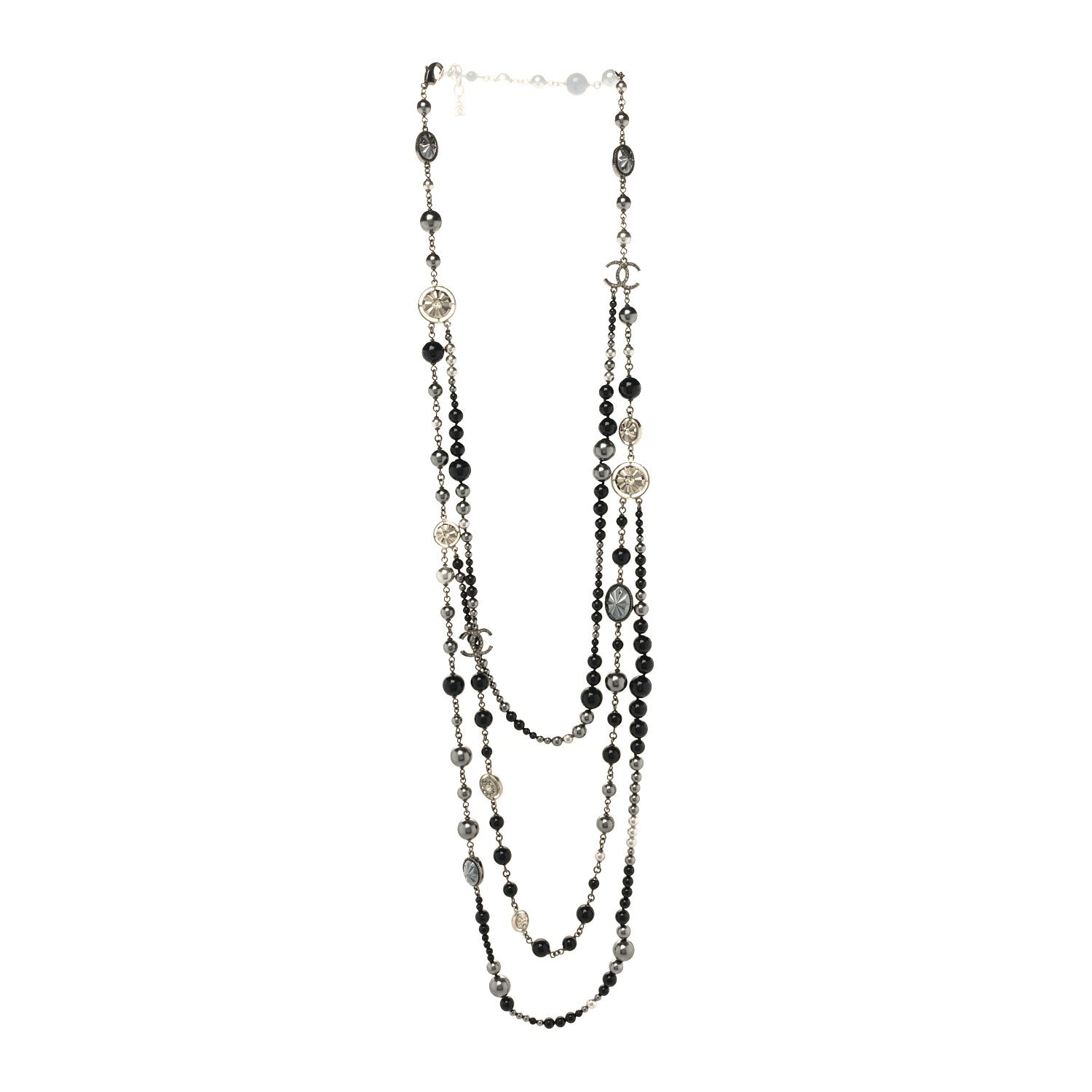 Chanel Pearl Crystal Beaded CC Multi Strand Long Necklace Black Silver 3 of 5