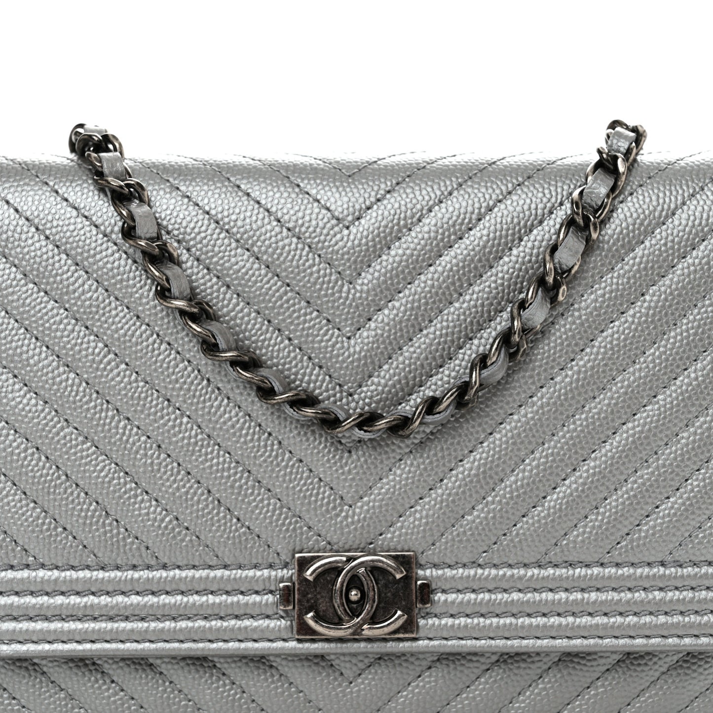 Metallic Caviar Chevron Quilted Boy Wallet On Chain WOC Silver