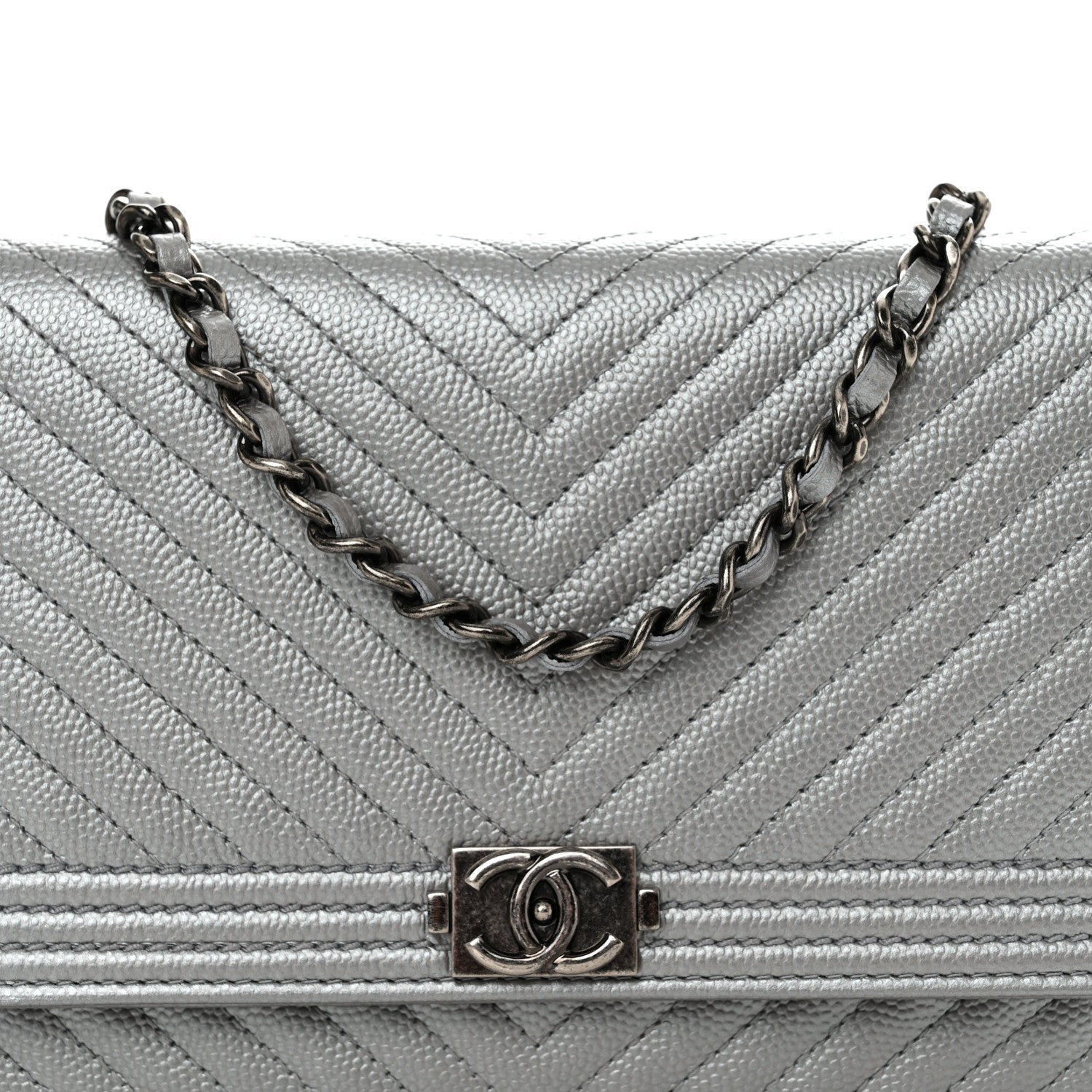 Chanel Metallic Caviar Chevron Quilted Boy Wallet On Chain WOC Silver 9 of 12