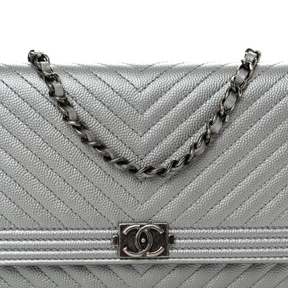 Chanel Metallic Caviar Chevron Quilted Boy Wallet On Chain WOC Silver 9 of 12