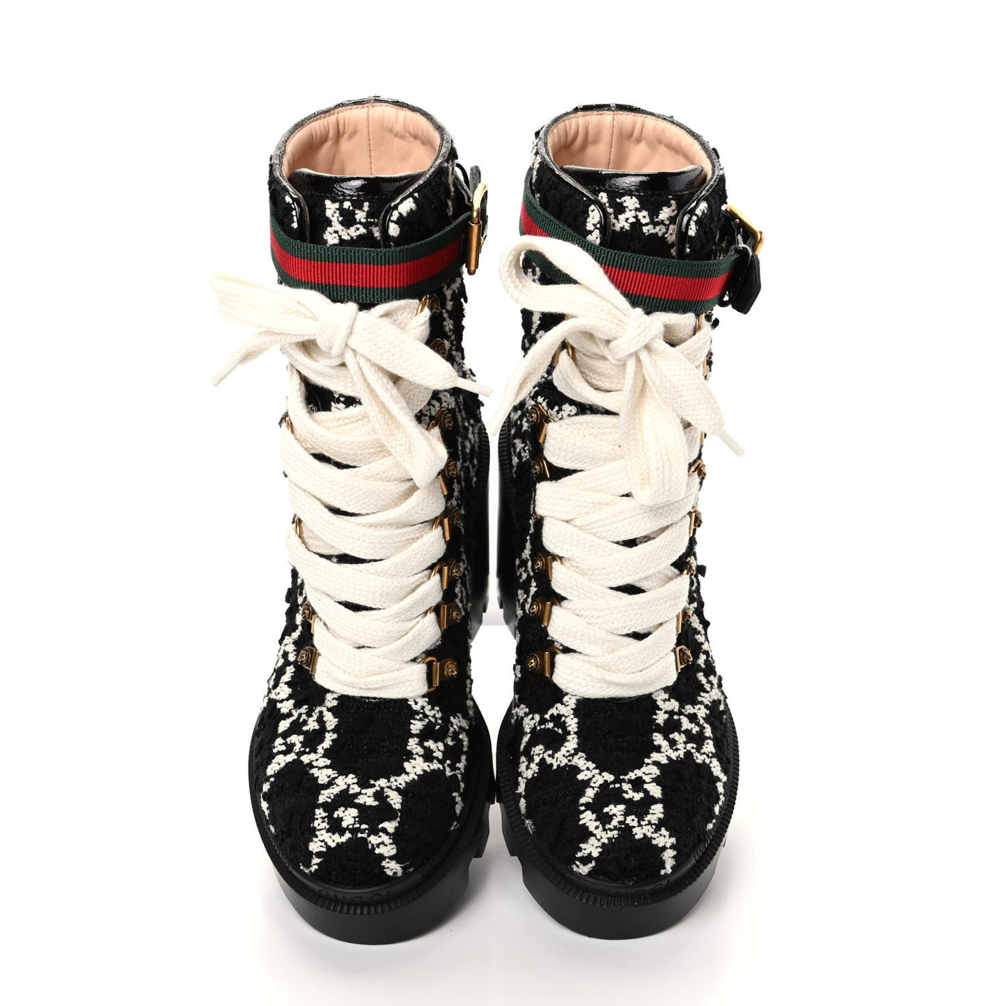 Tweed GG Monogram Lace Up Combat Ankle Boots 36.5 Black