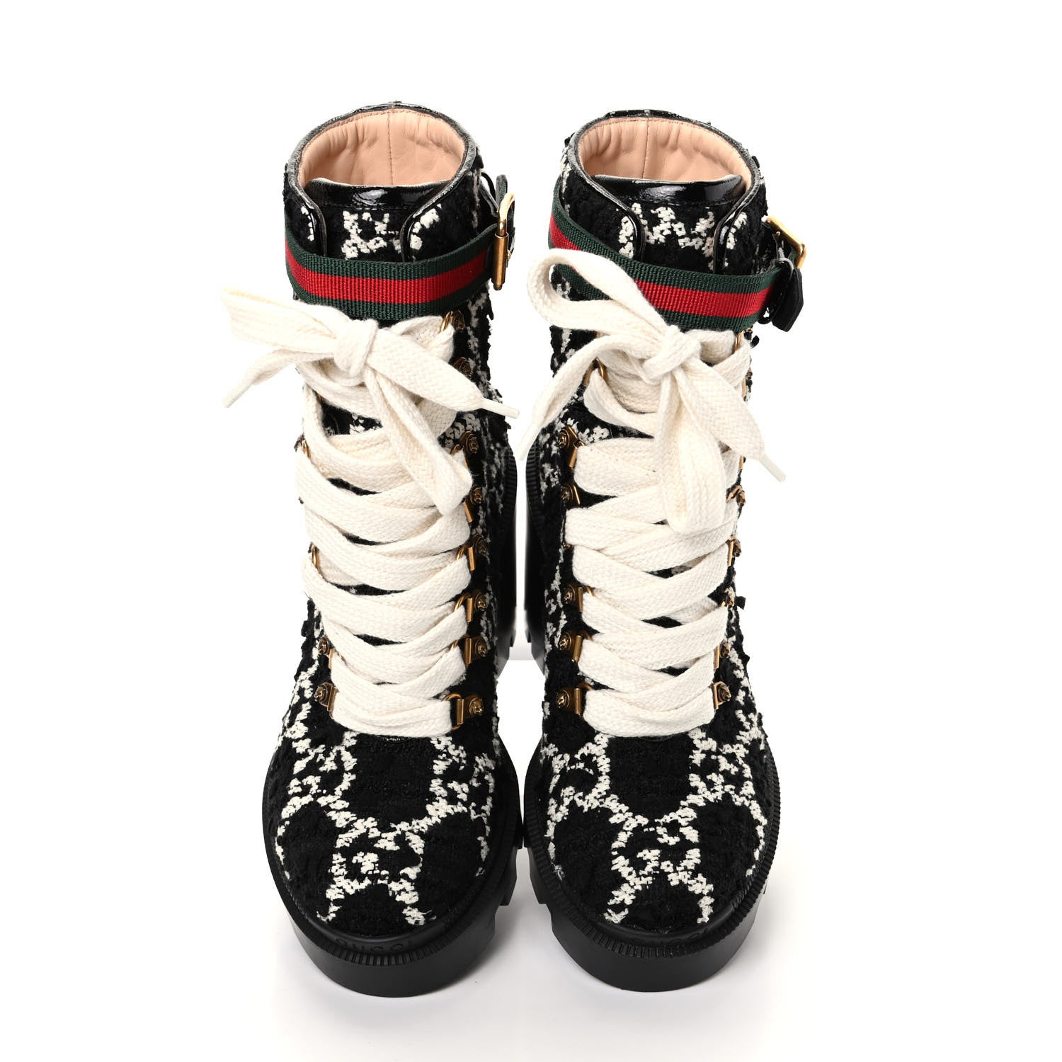 Gucci Tweed GG Monogram Lace Up Combat Ankle Boots 36.5 Black 5 of 10