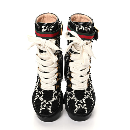 Gucci Tweed GG Monogram Lace Up Combat Ankle Boots 36.5 Black 5 of 10