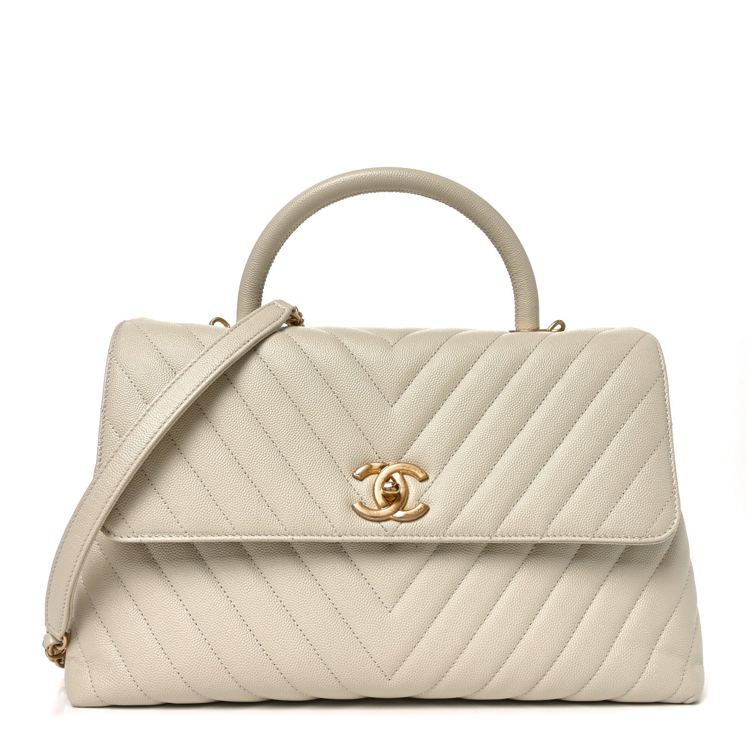 Chanel Caviar Chevron Quilted Medium Coco Handle Flap White 1 of 9