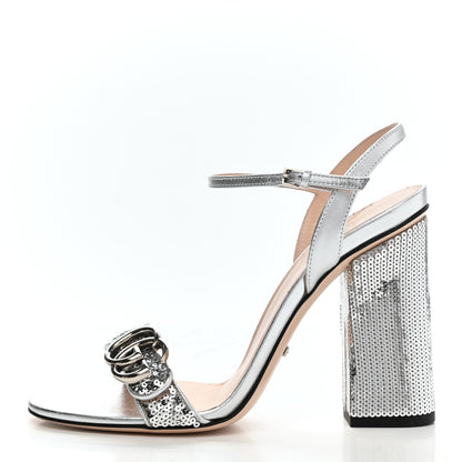 Gucci Sequin Satin Nappa GG Marmont Ankle Wrap 105mm Sandals 38 Silver Grigio Argento 1 of 9