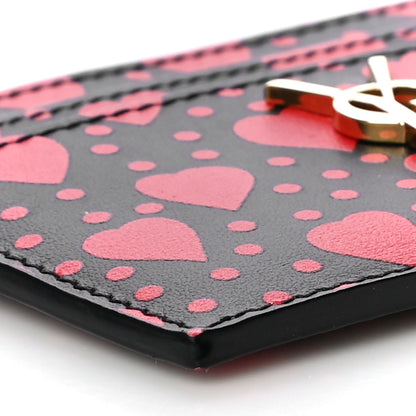 Saint Laurent Calfskin Heart Print Monogram Credit Card Case Black Red 9 of 12