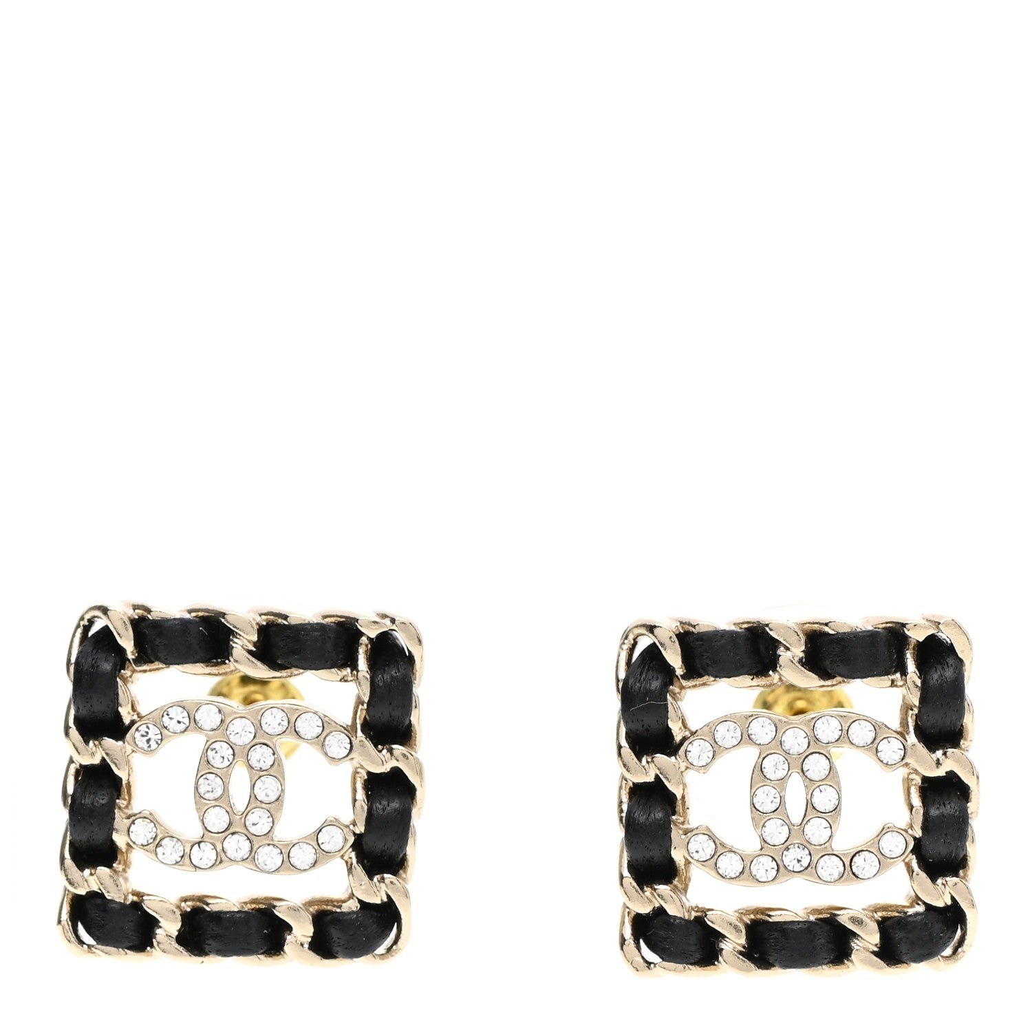Chanel Crystal Lambskin Chain Sergeant Chanel Stud Earrings Black Gold 1 of 5