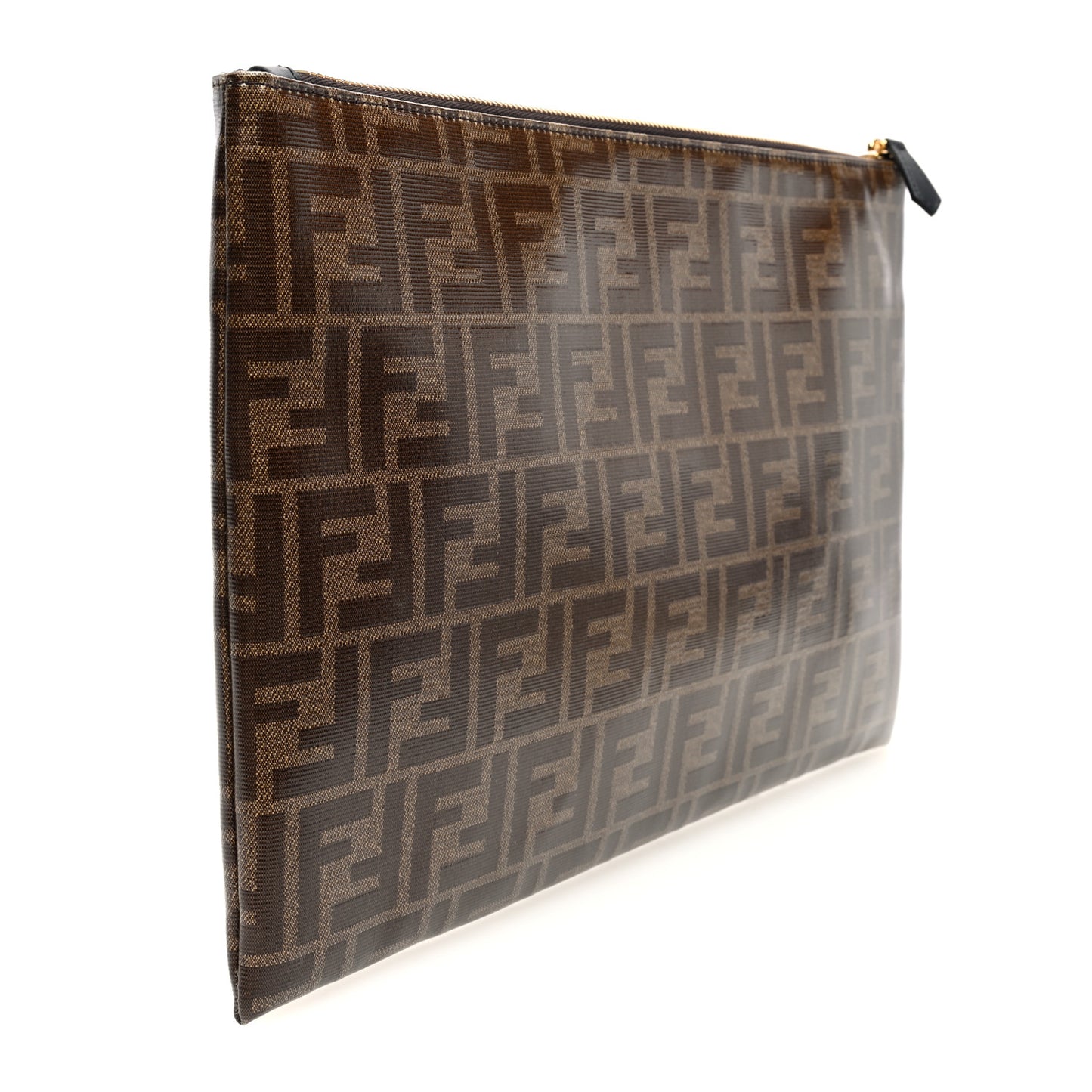 Glazed Fabric Vitello Century FF 1974 Stamp Patch Large Flat Pouch Mogano Panna Black
