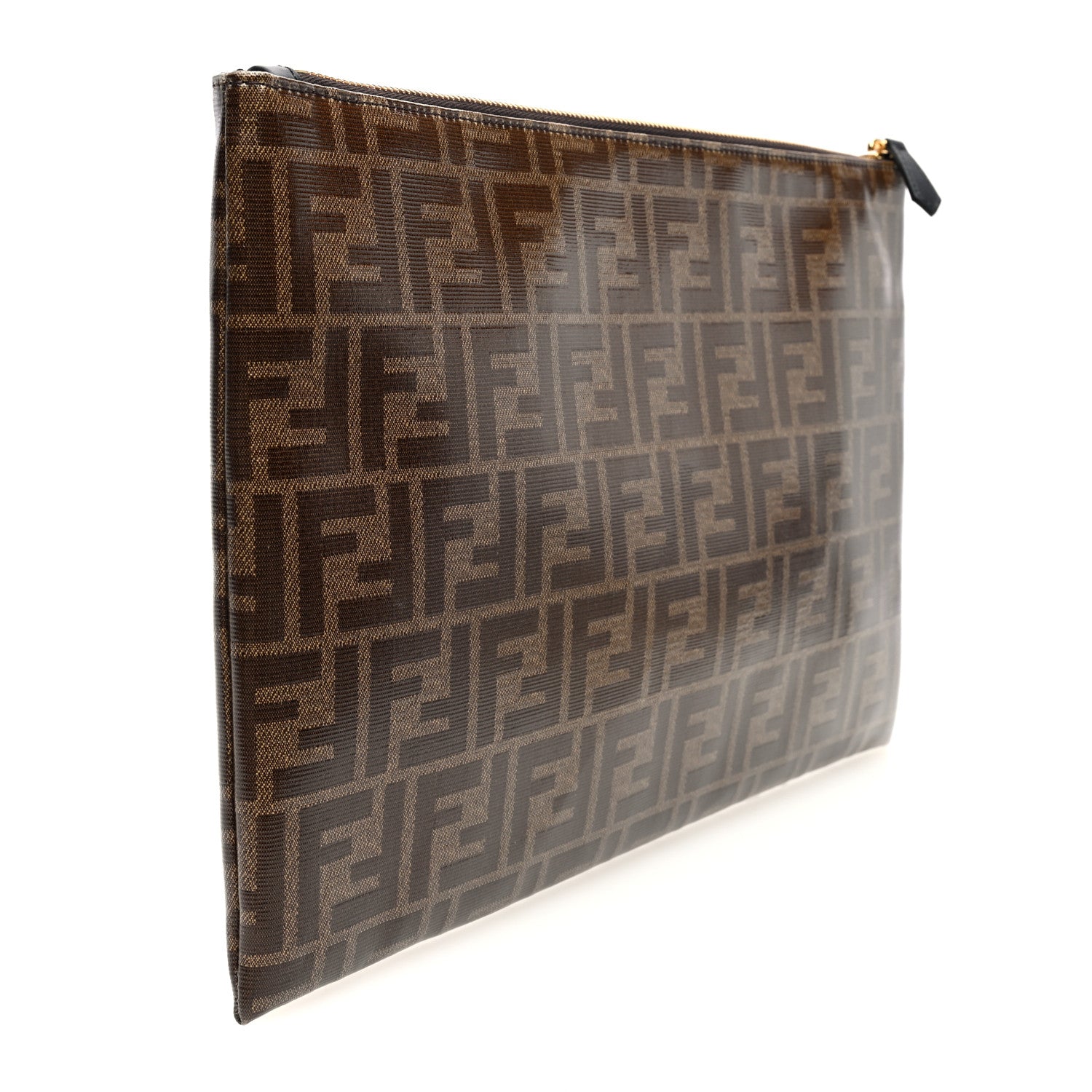 Fendi Glazed Fabric Vitello Century FF 1974 Stamp Patch Large Flat Pouch Mogano Panna Black 3 of 6