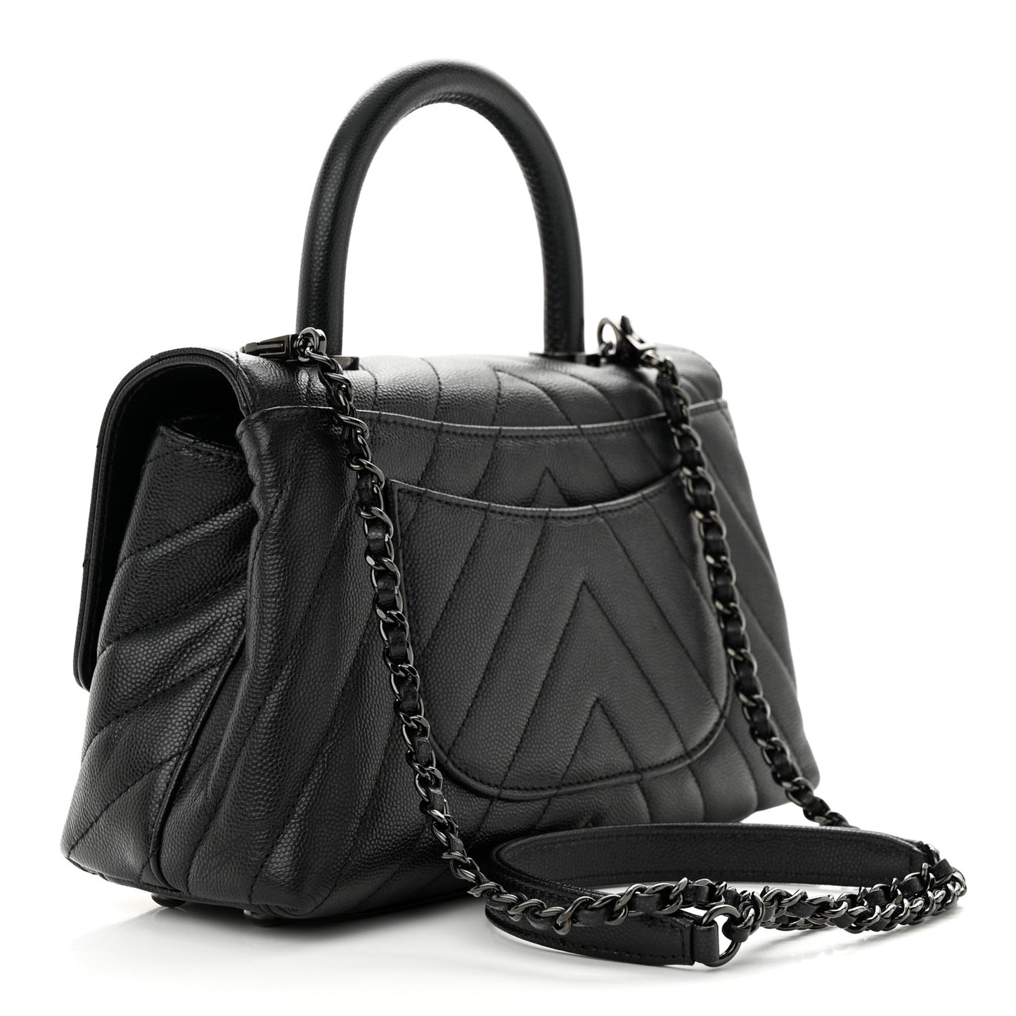 Caviar Chevron Quilted Mini Coco Handle Flap So Black