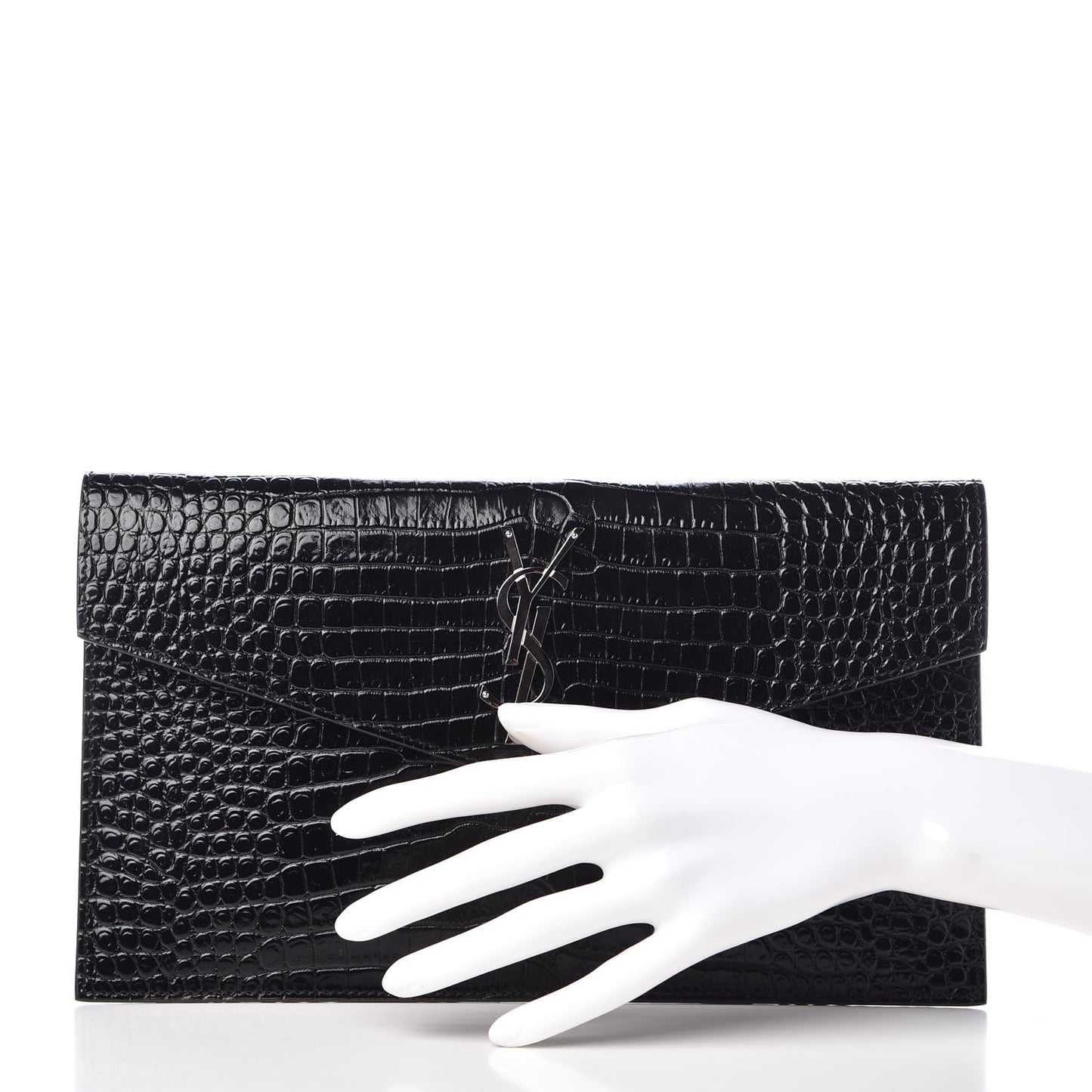 Calfskin Crocodile Embossed Uptown Monogram Clutch Black