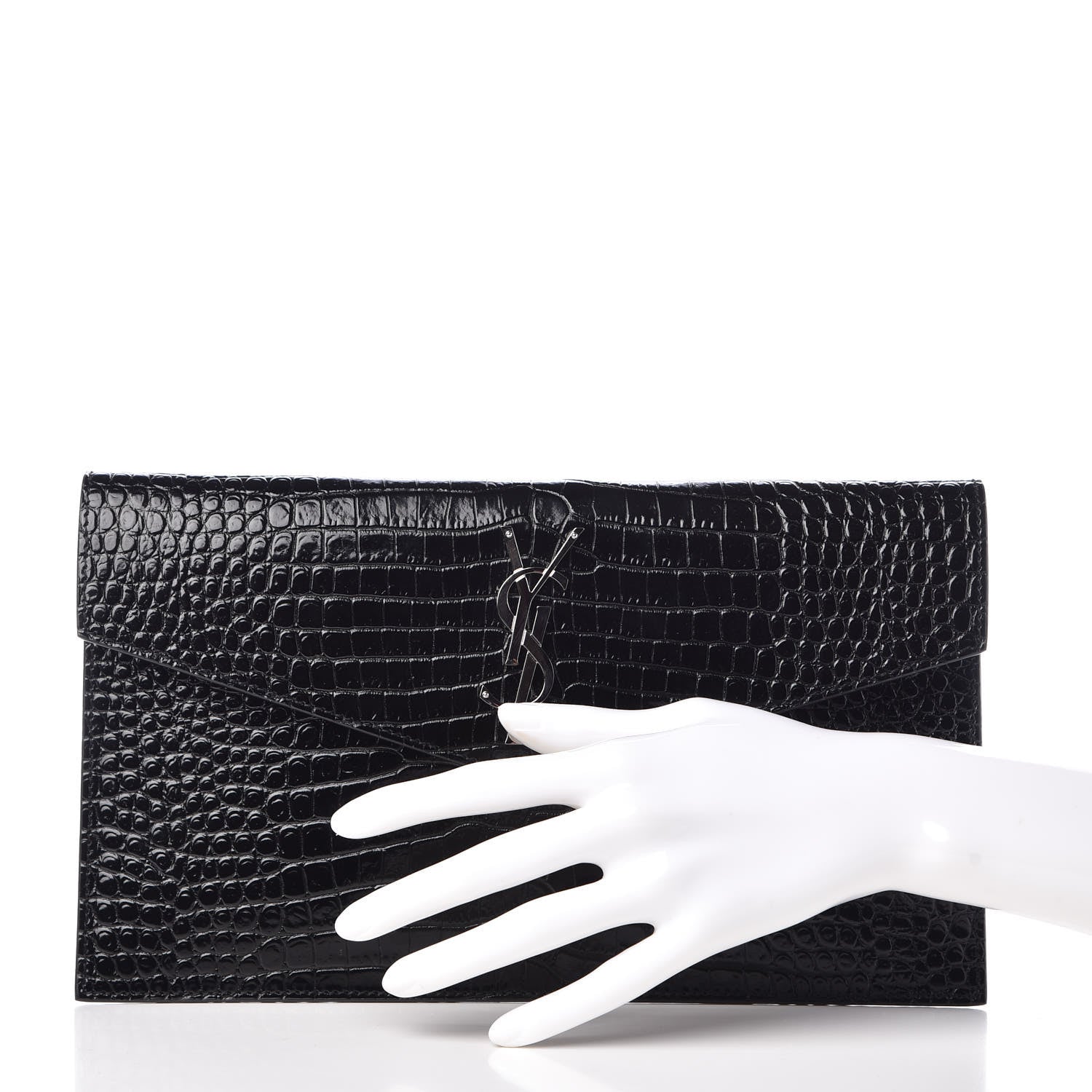 Saint Laurent Calfskin Crocodile Embossed Uptown Monogram Clutch Black 2 of 7