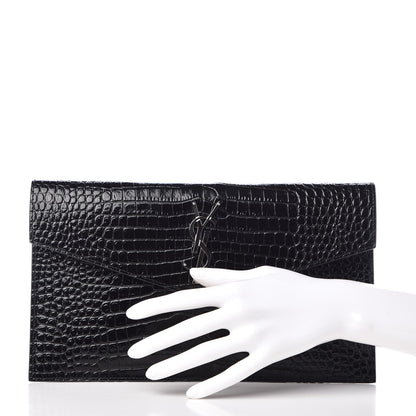Saint Laurent Calfskin Crocodile Embossed Uptown Monogram Clutch Black 2 of 7