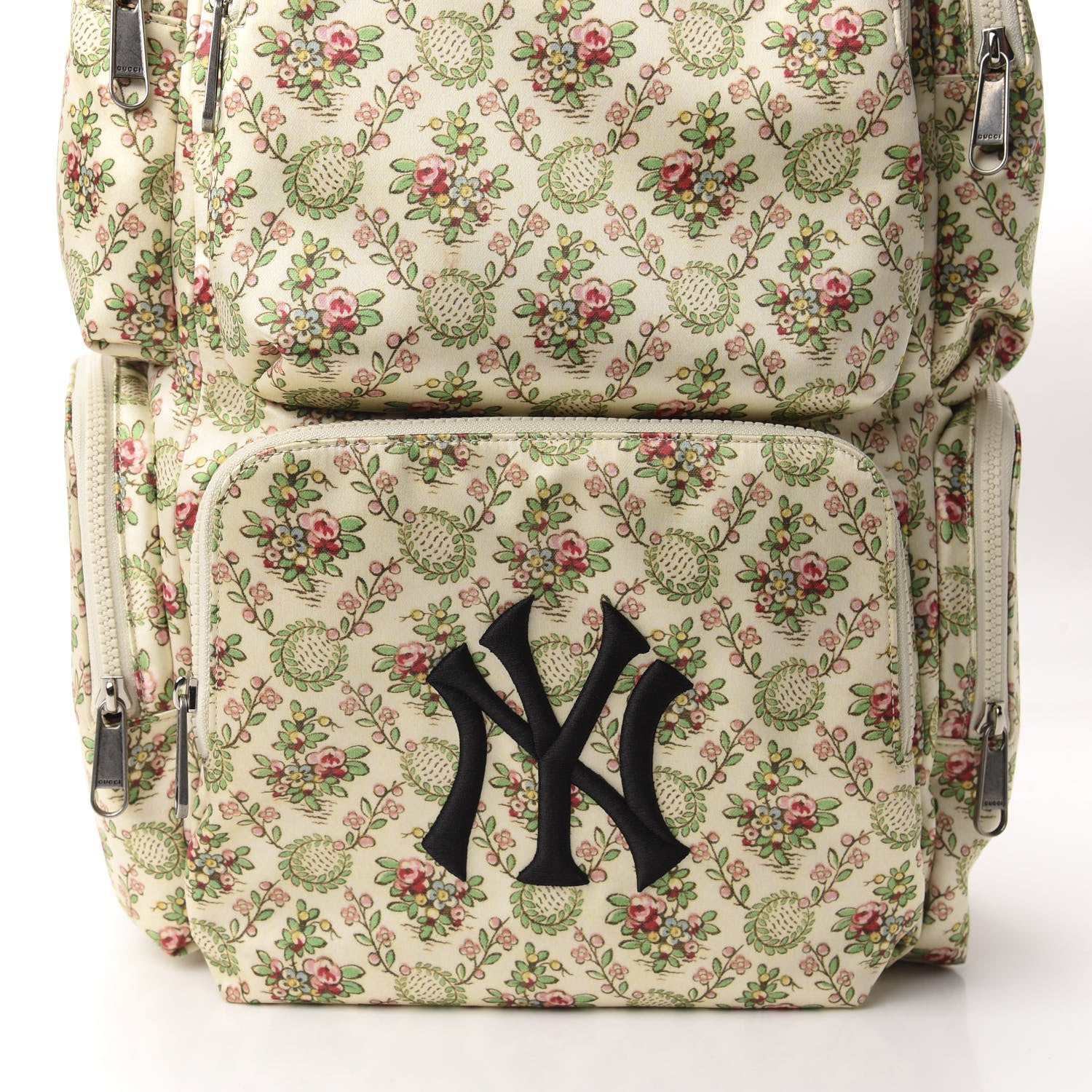 Gucci X MLB Satin Floral Print NY Yankees Patch Backpack Ivory Green 9 of 9