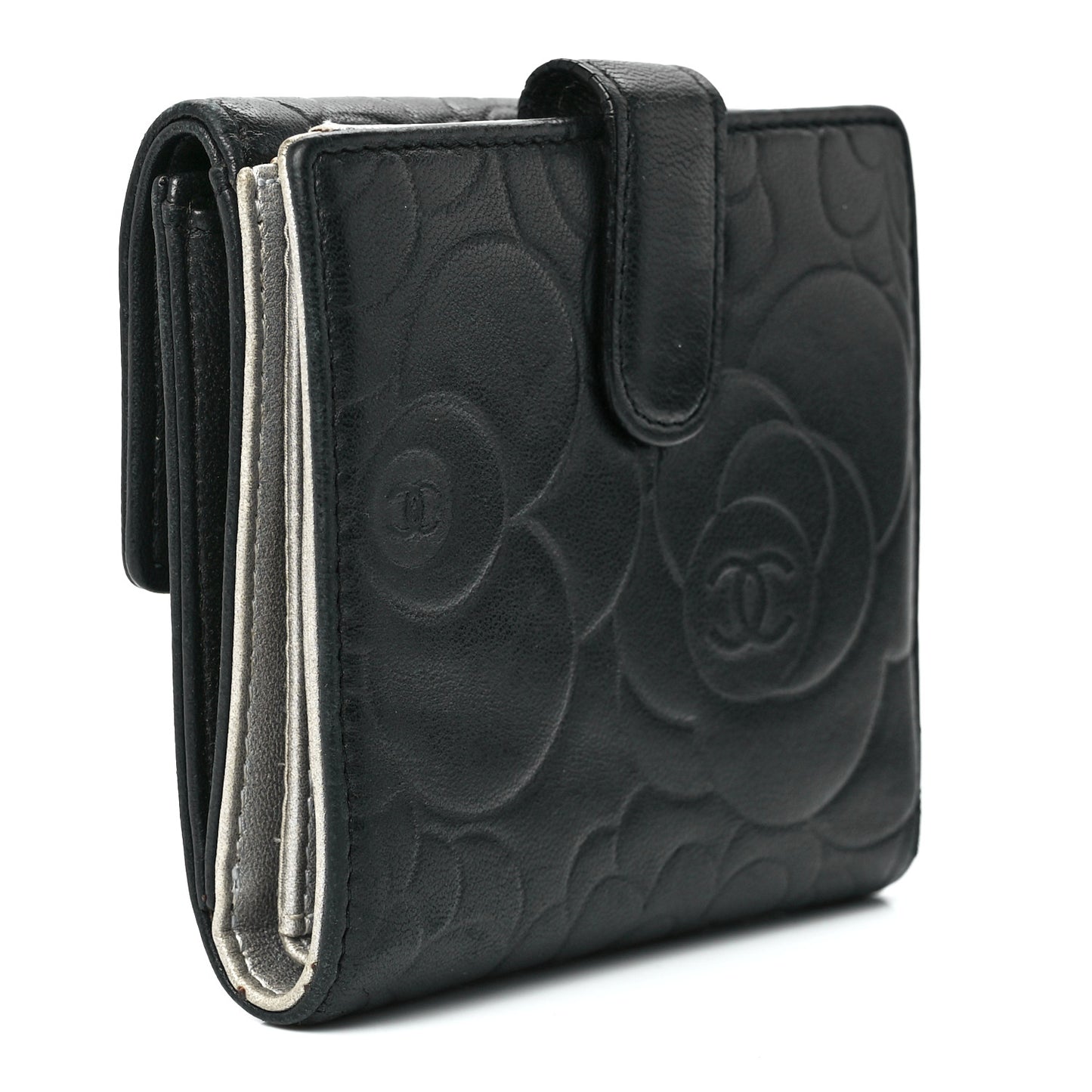 Lambskin Camellia Embossed Small Double Wallet Black