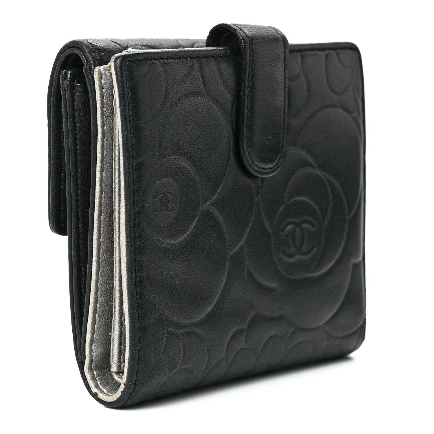 Chanel Lambskin Camellia Embossed Small Double Wallet Black 3 of 17