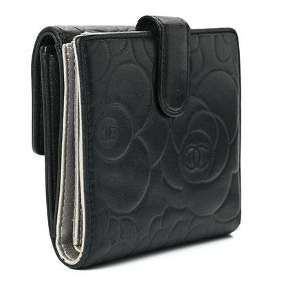 Chanel Lambskin Camellia Embossed Small Double Wallet Black 3 of 17