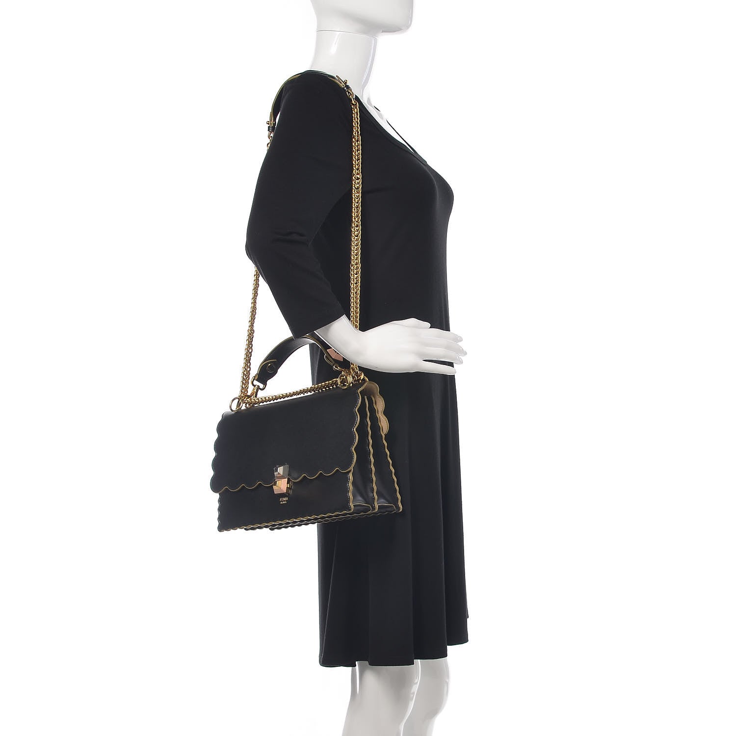 Fendi Vitello Liberty Scalloped Studded Kan I Shoulder Bag Black 2 of 10