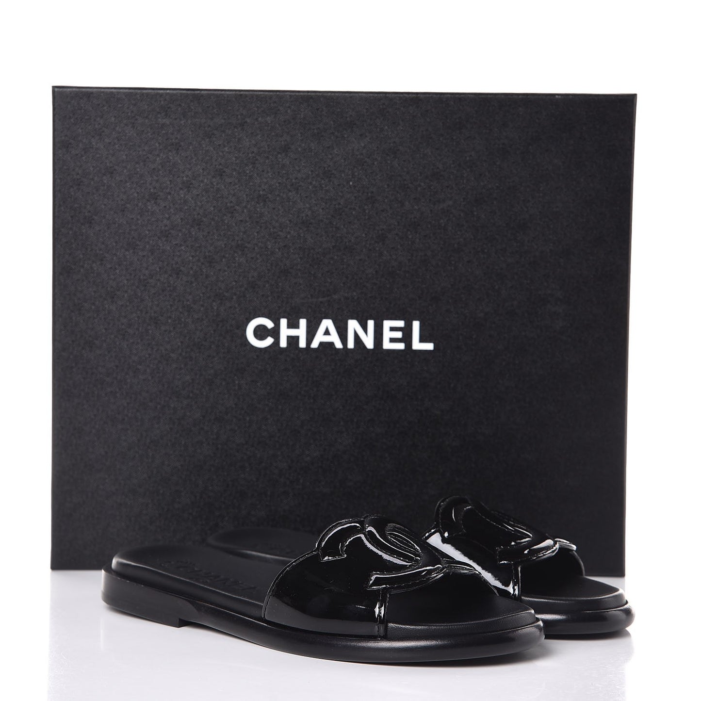 Patent Calfskin CC Slip On Mules 35 Black