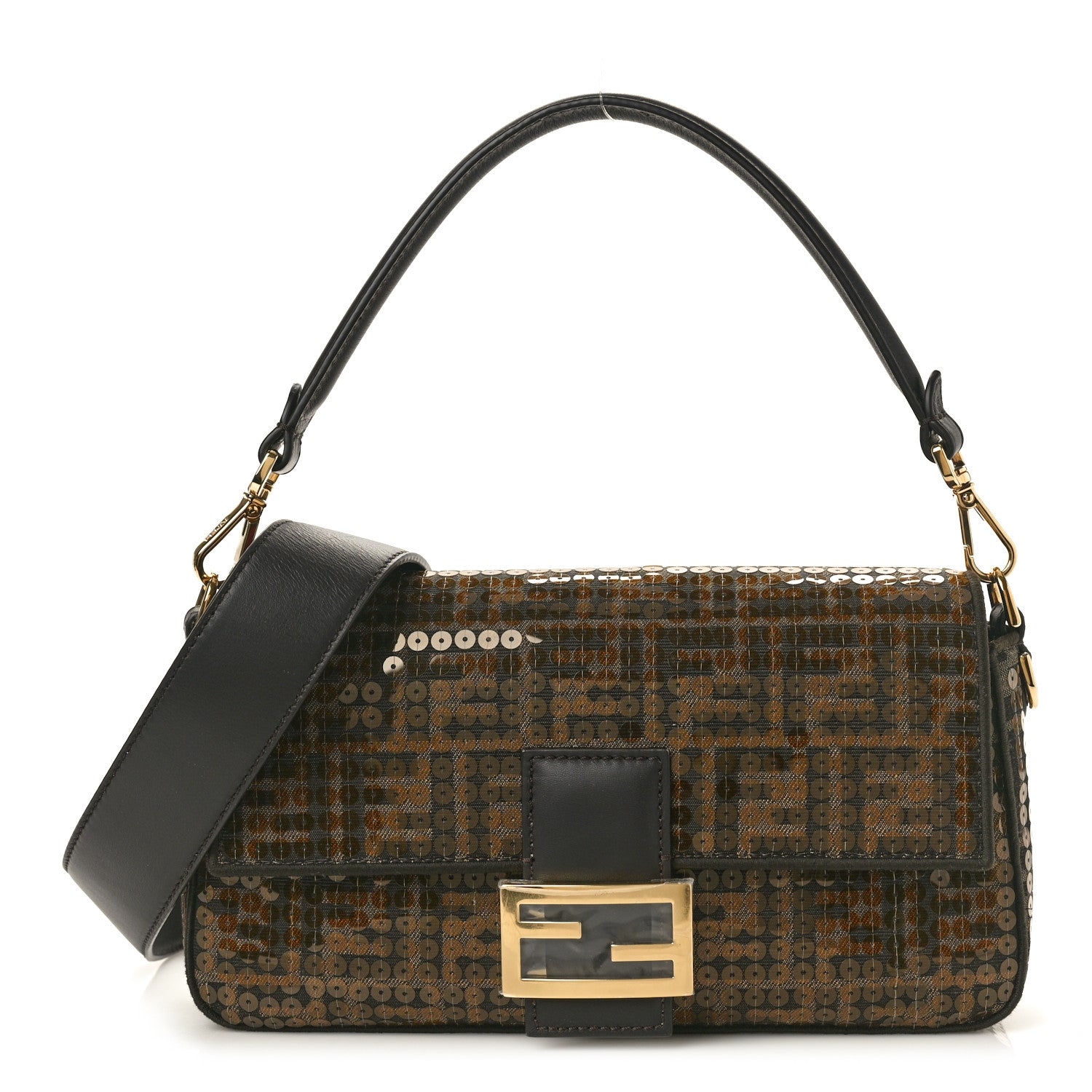 Fendi Fabric Jacquard Paillettes Vitello Seta FF 1974 Baguette Testa di Moro Real Ebano 1 of 10