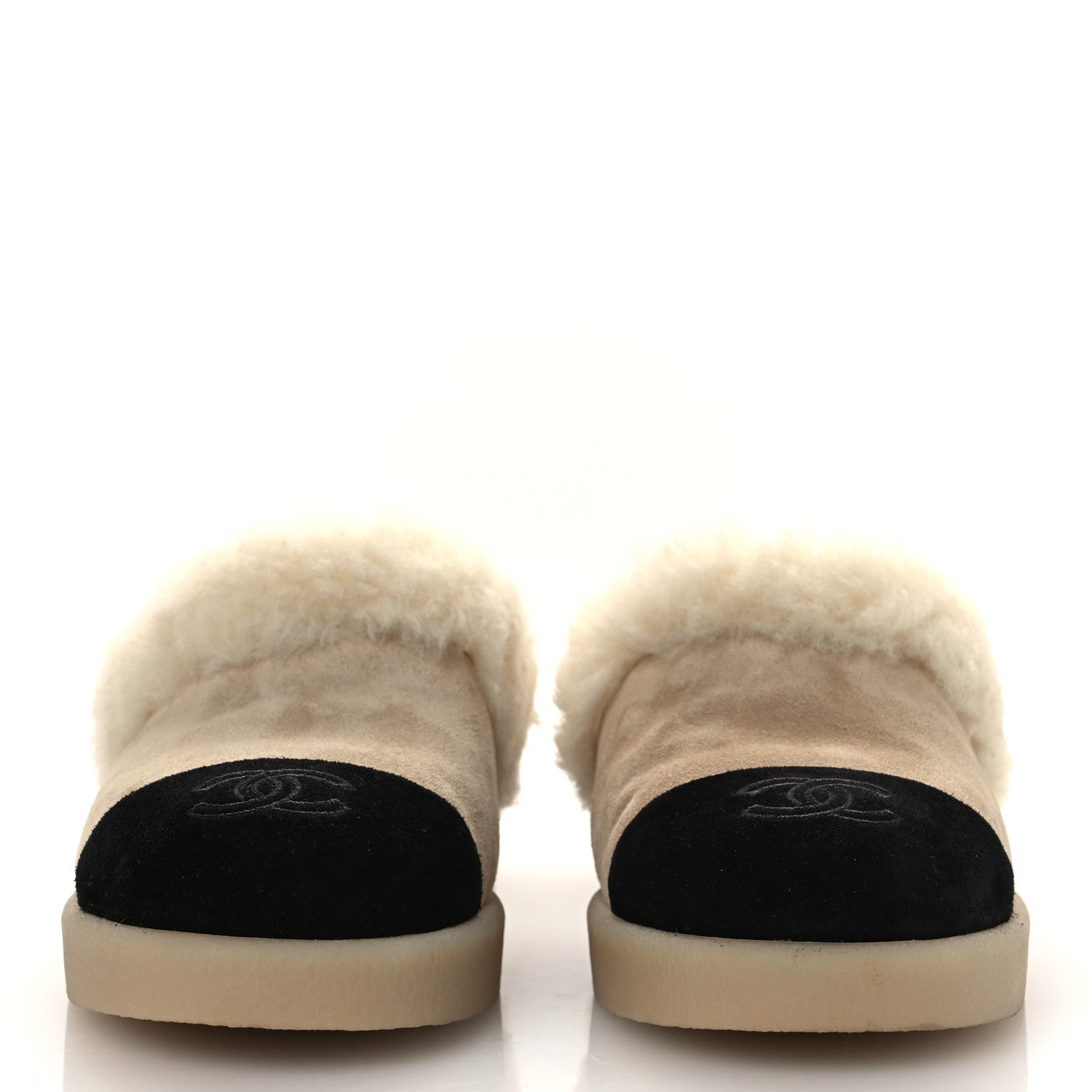 Chanel Suede Shearling CC Cap Toe Mules 38.5 Beige Black 3 of 11