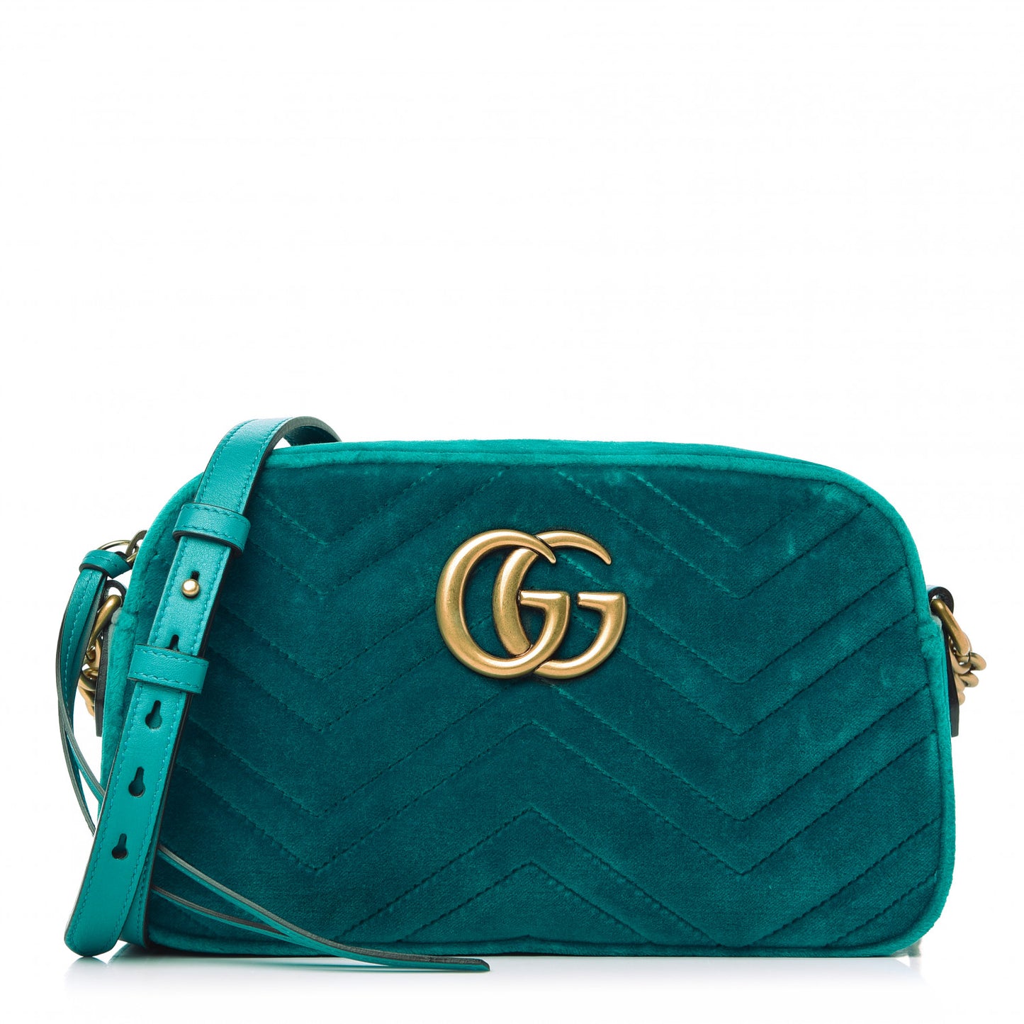 Velvet Matelasse Small GG Marmont Chain Shoulder Bag Pavone Cyan