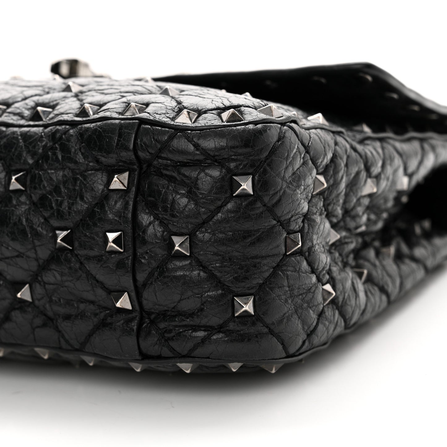 Craquele Nappa Medium Rockstud Spike Shoulder Bag Black