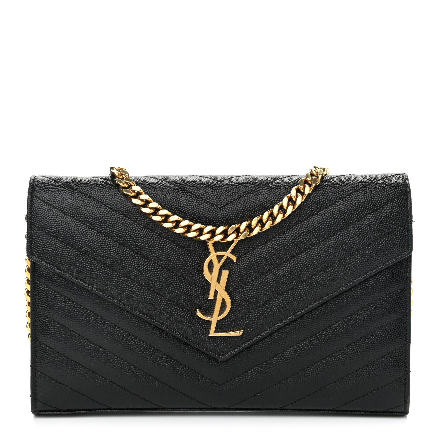 Saint Laurent Grain De Poudre Matelasse Chevron Monogram Chain Wallet Black 1 of 11