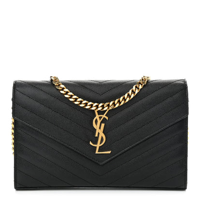 Saint Laurent Grain De Poudre Matelasse Chevron Monogram Chain Wallet Black 1 of 11