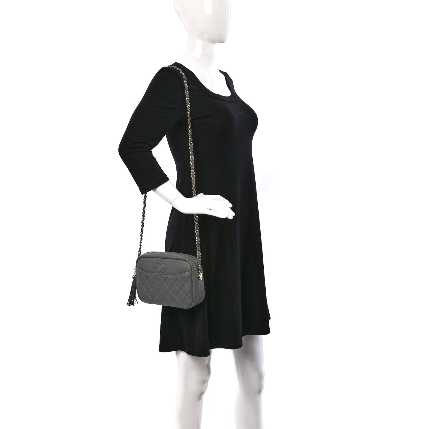 Caviar Quilted Coco Tassel Small Camera Case Grey
